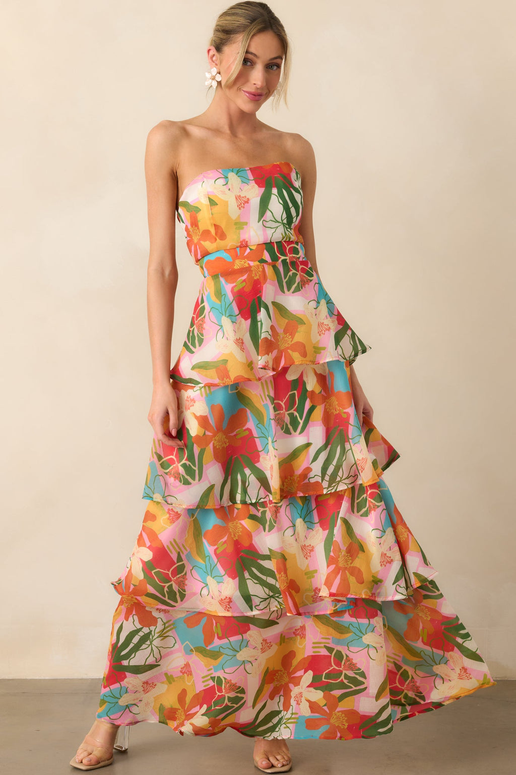 Calista Multi Tropical Print Ruffle Strapless Maxi Dress