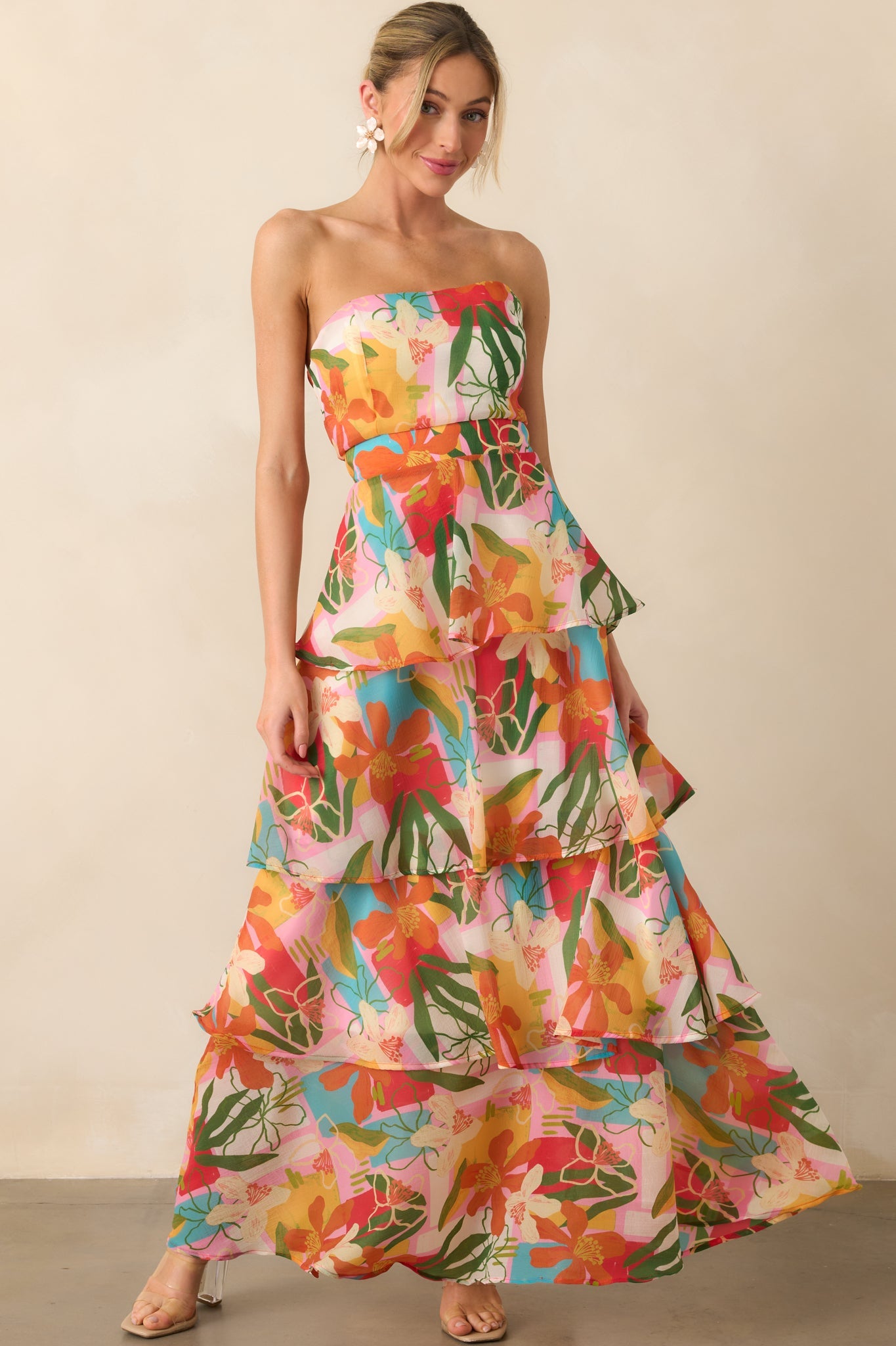 Calista Multi Tropical Print Ruffle Strapless Maxi Dress