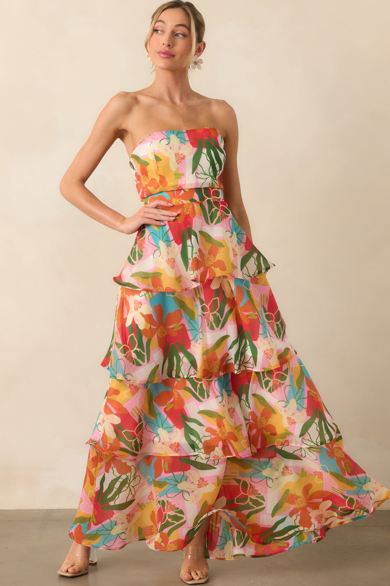 Calista Multi Tropical Print Ruffle Strapless Maxi Dress