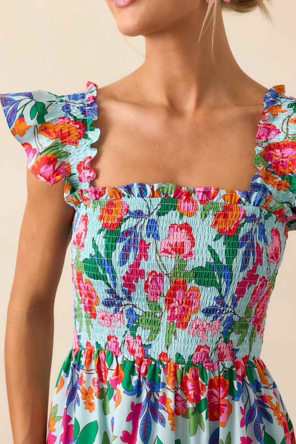 Life In Full Bloom Light Blue Floral Cotton Midi Dress