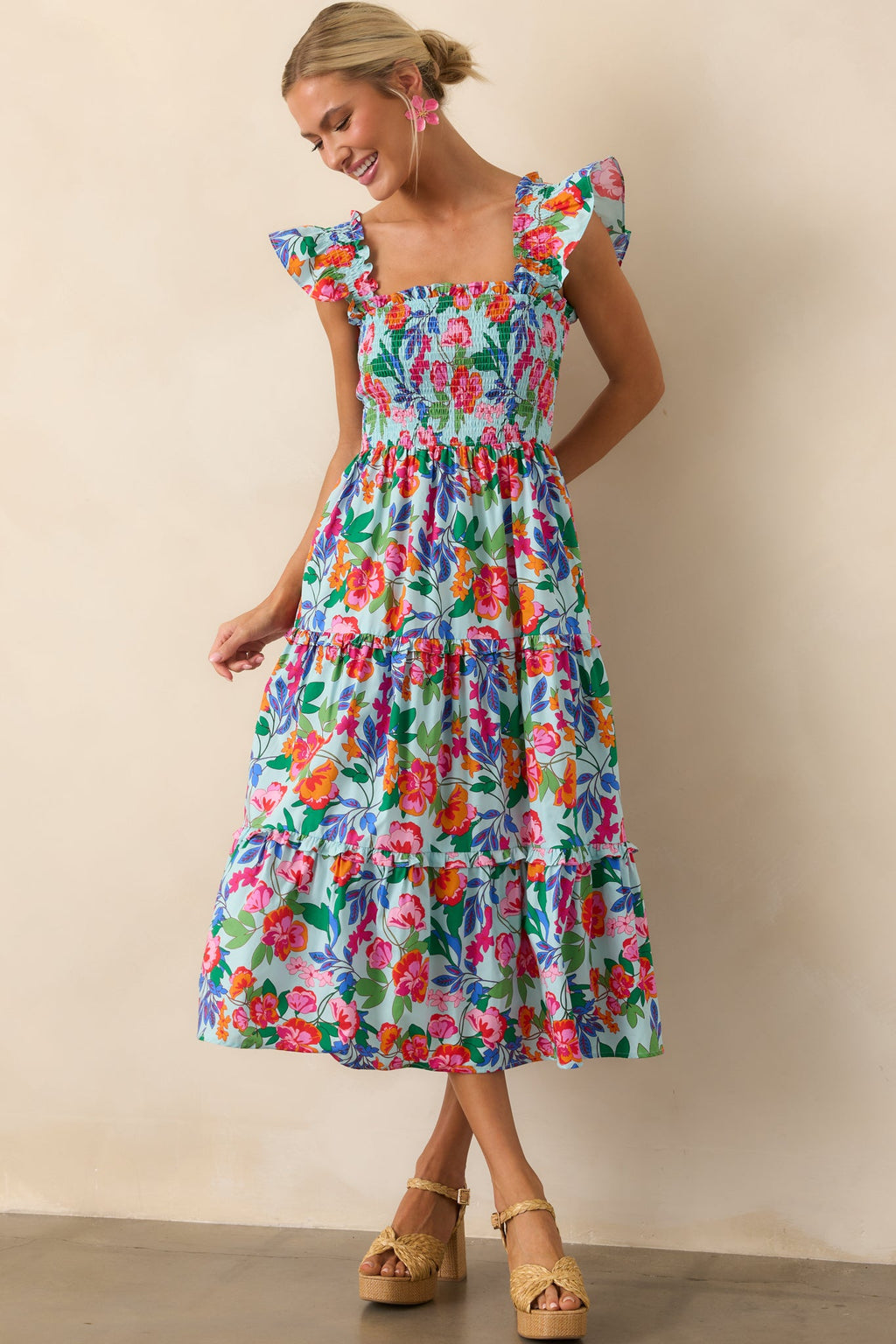 Life In Full Bloom Light Blue Floral Cotton Midi Dress