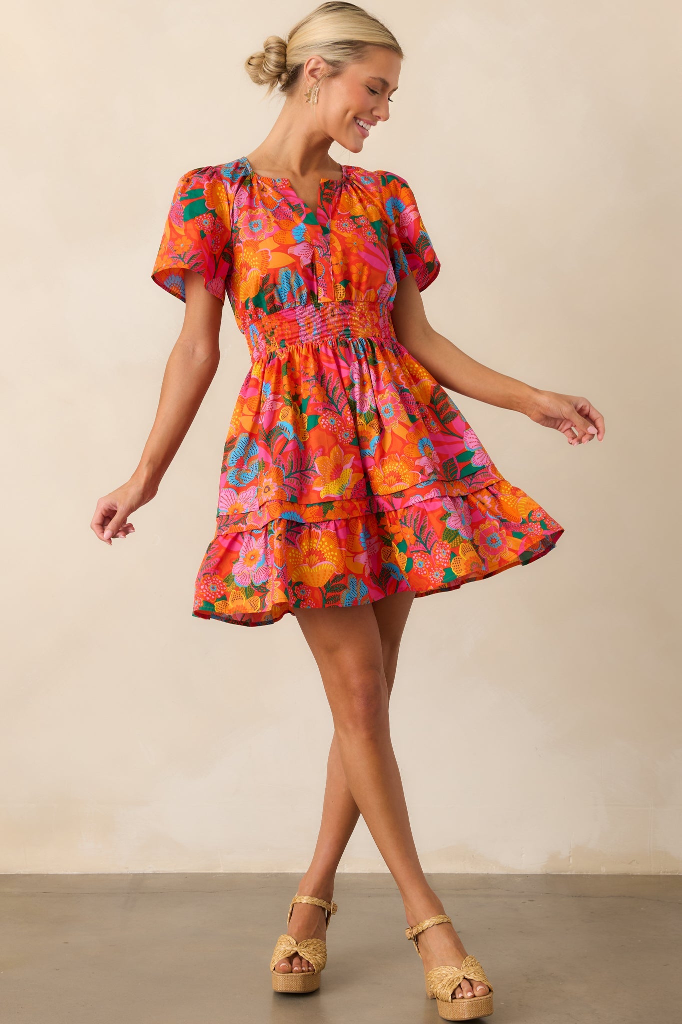 Into The Sunset Orange Floral Cotton Short Sleeve Mini Dress