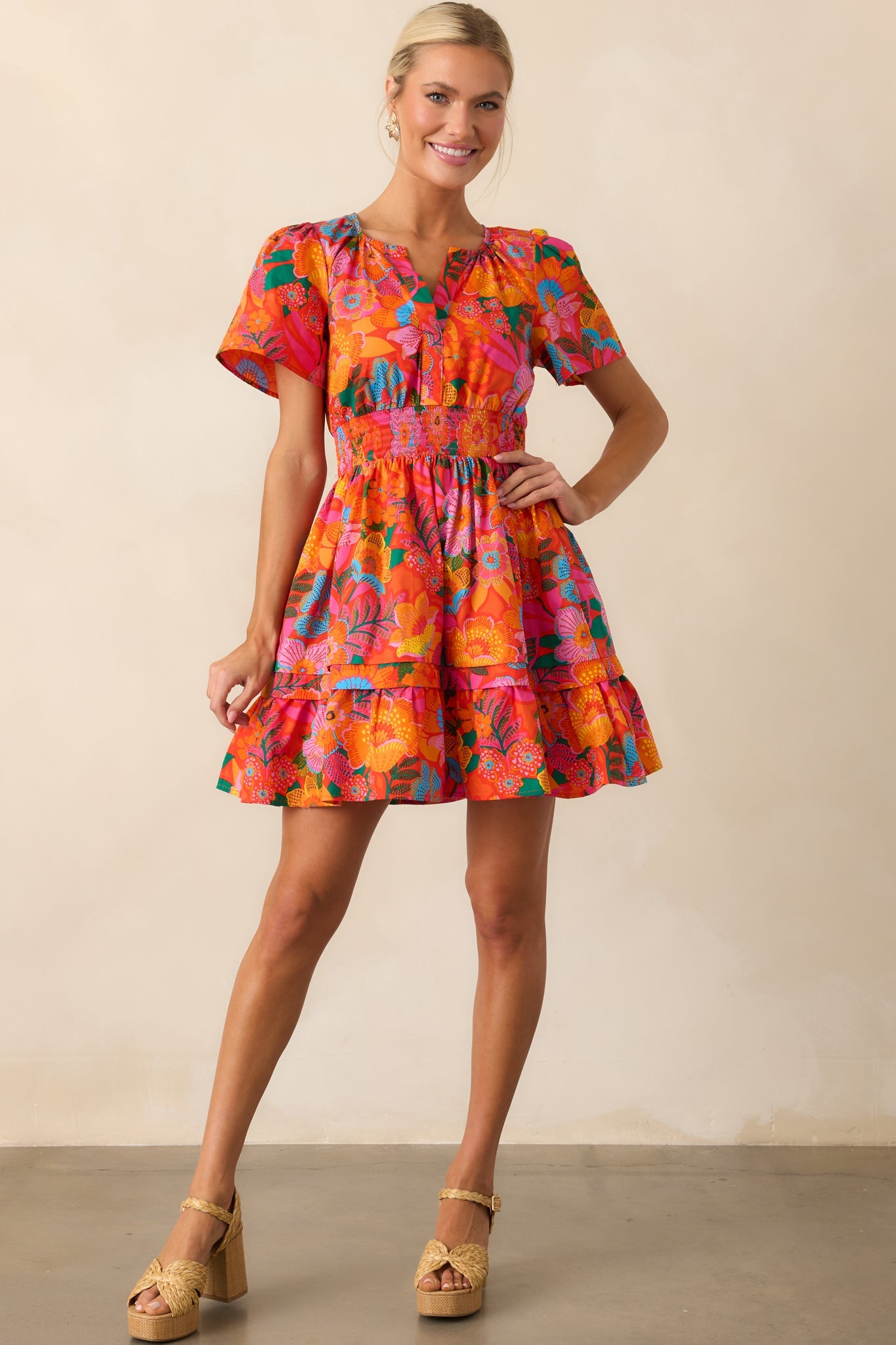 Into The Sunset Orange Floral Cotton Short Sleeve Mini Dress