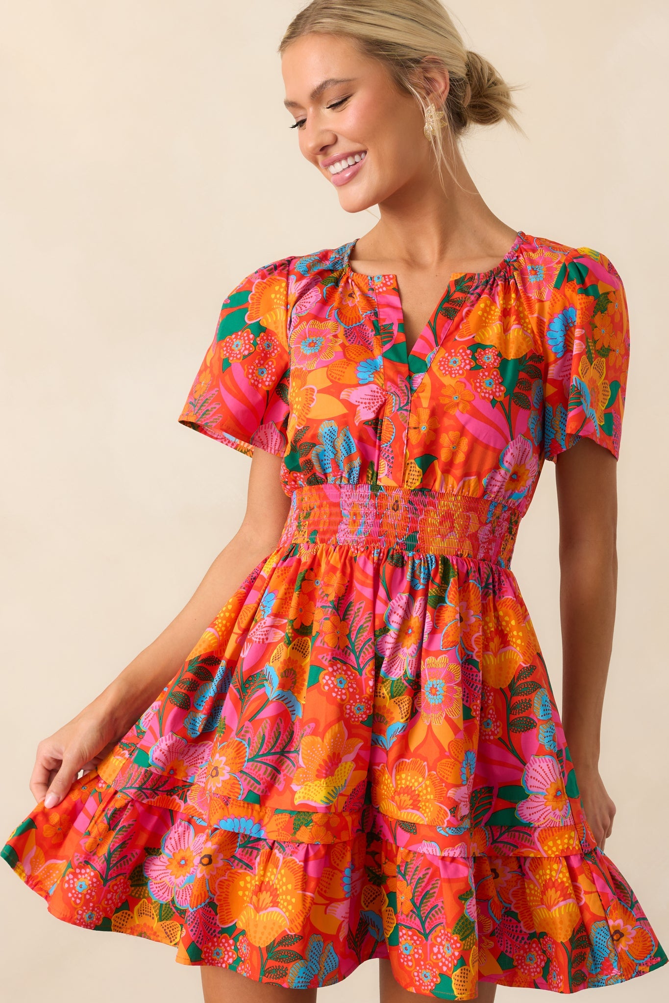 Into The Sunset Orange Floral Cotton Short Sleeve Mini Dress