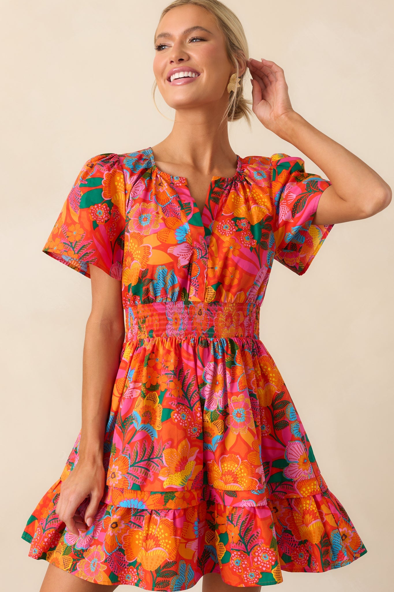 Into The Sunset Orange Floral Cotton Short Sleeve Mini Dress