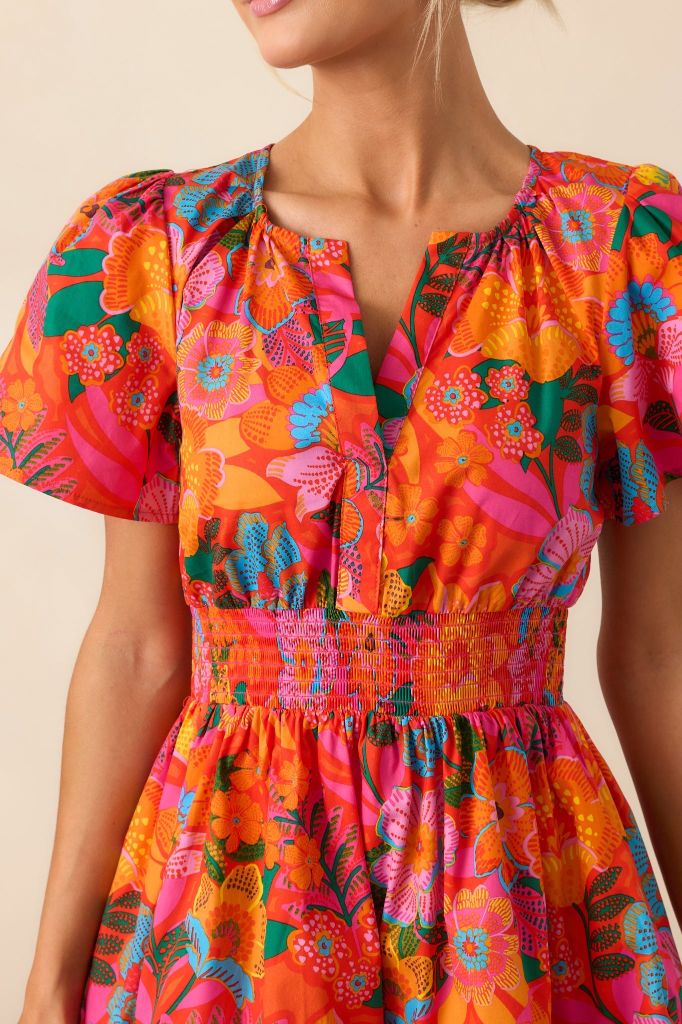 Into The Sunset Orange Floral Cotton Short Sleeve Mini Dress