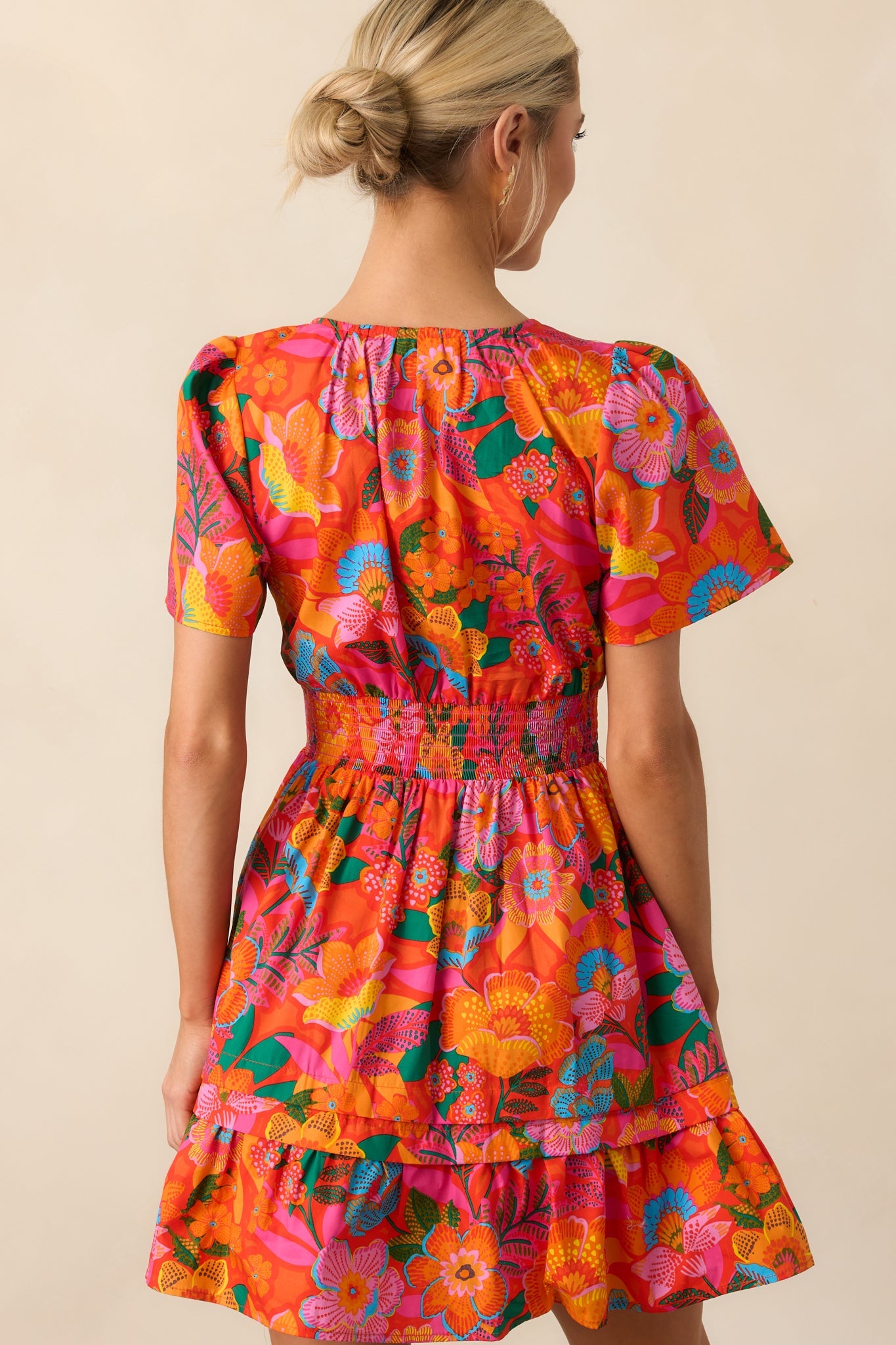 Into The Sunset Orange Floral Cotton Short Sleeve Mini Dress