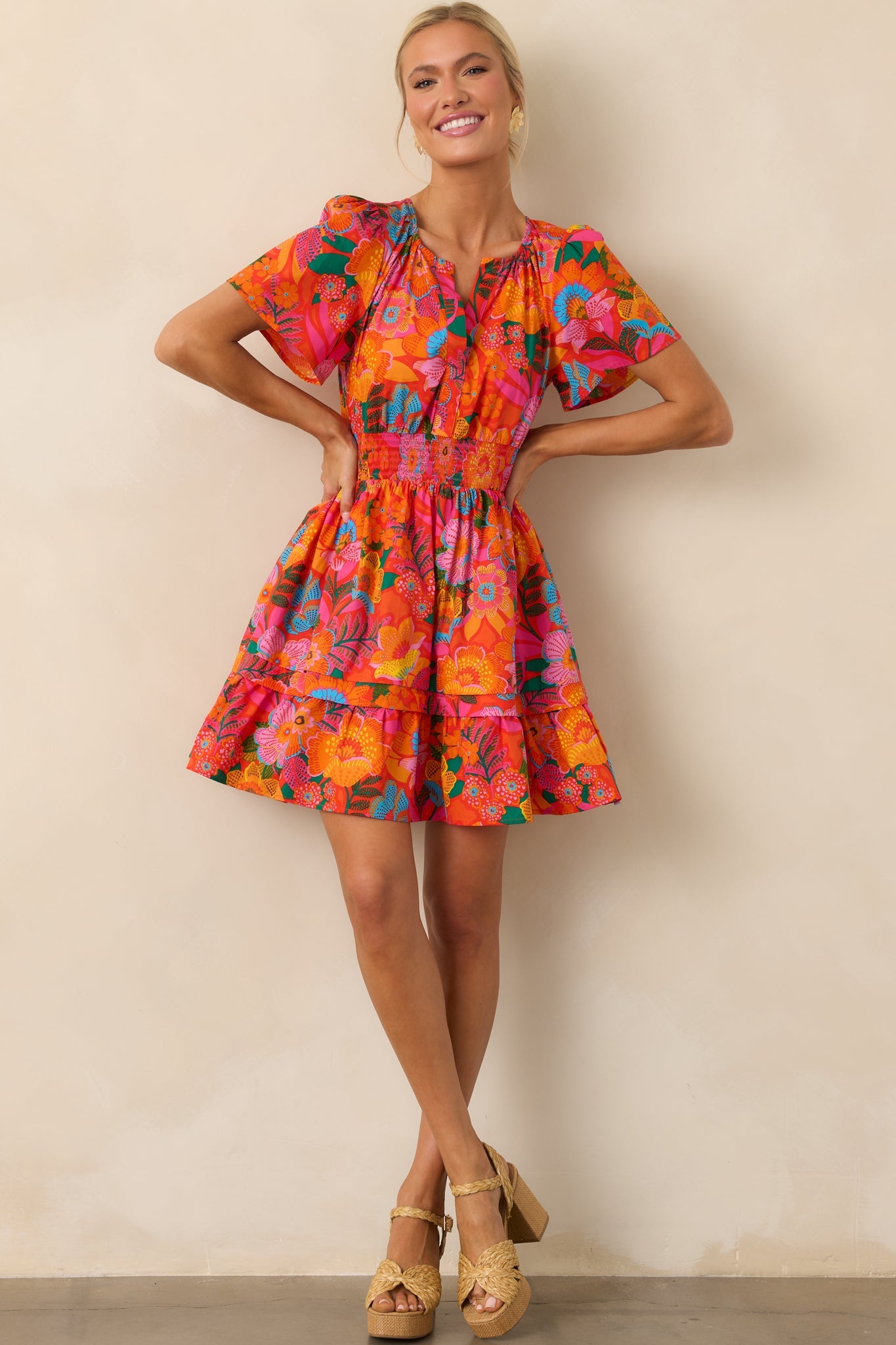 Into The Sunset Orange Floral Cotton Short Sleeve Mini Dress