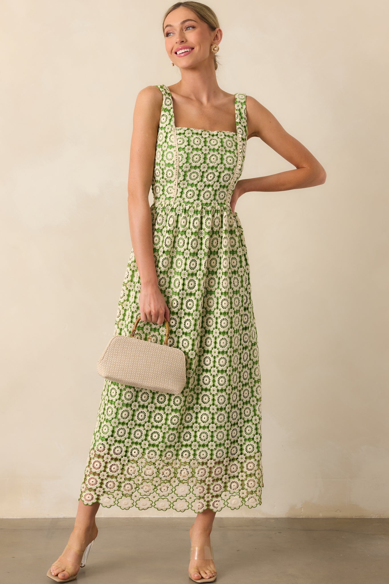 In The Meadow Green Floral Embroidered Midi Dress