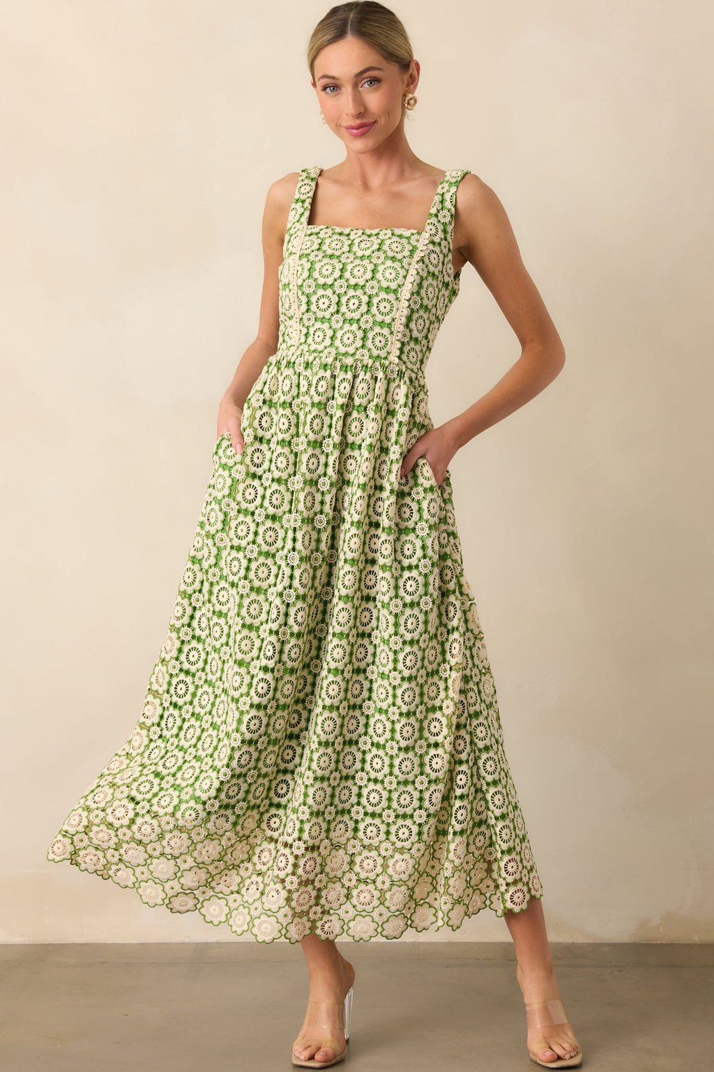 In The Meadow Green Floral Embroidered Midi Dress