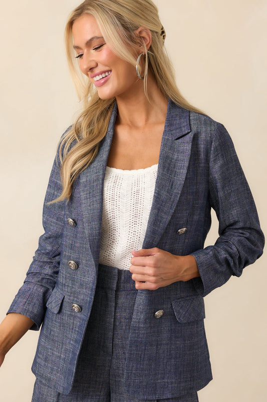 Confident Energy Dark Wash Chambray Ruched Sleeve Blazer