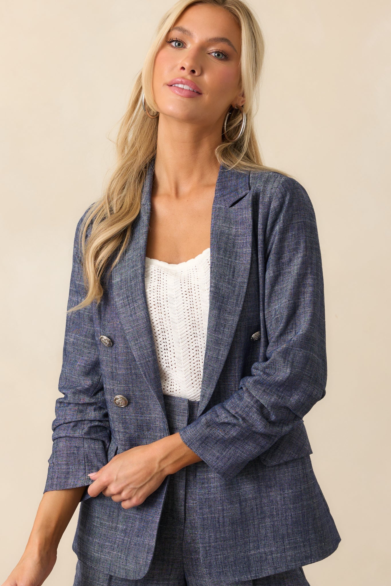 Confident Energy Dark Wash Chambray Ruched Sleeve Blazer