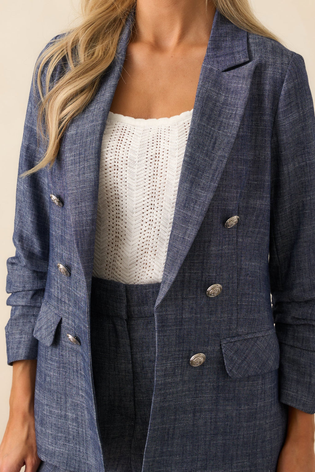 Confident Energy Dark Wash Chambray Ruched Sleeve Blazer