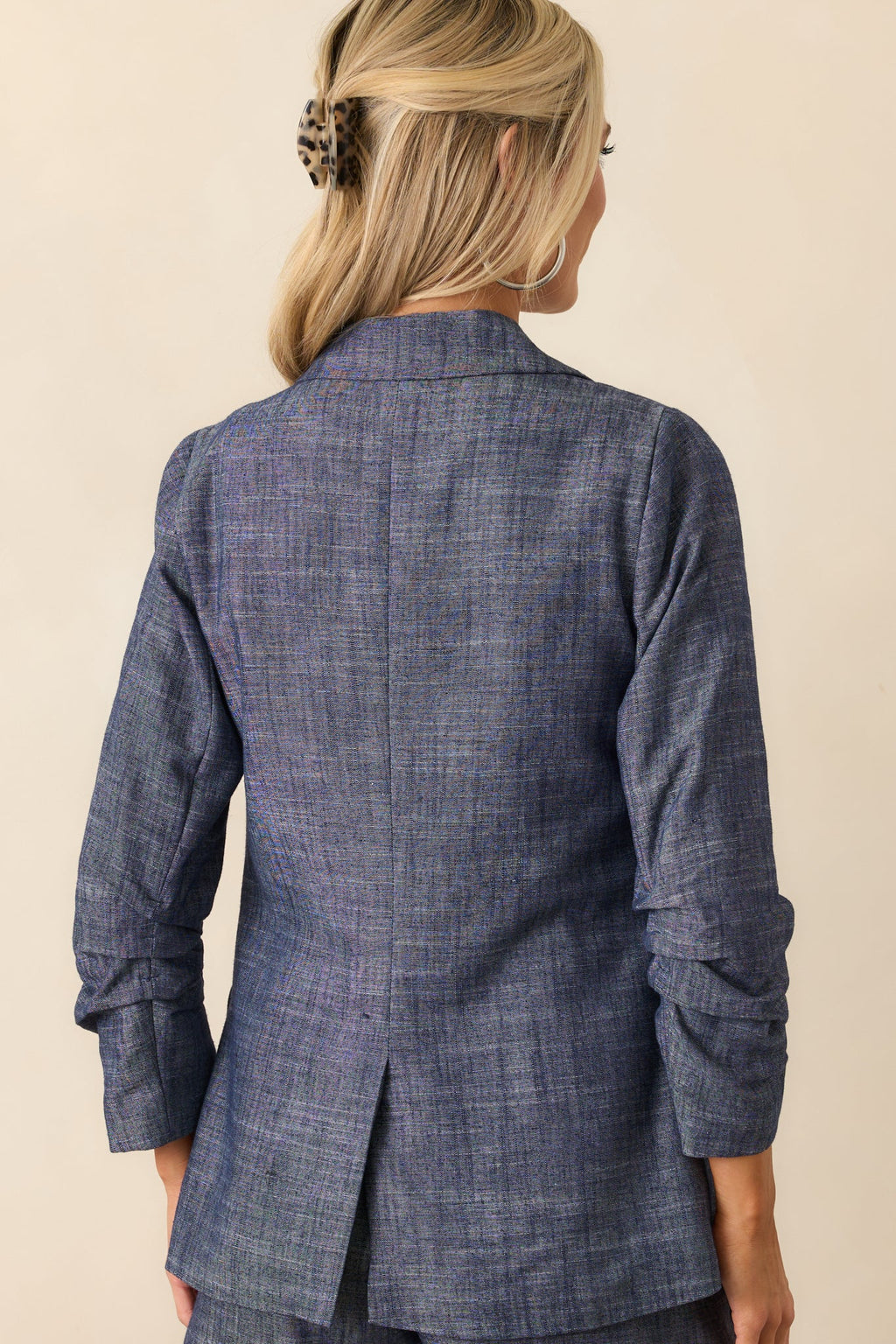 Confident Energy Dark Wash Chambray Ruched Sleeve Blazer