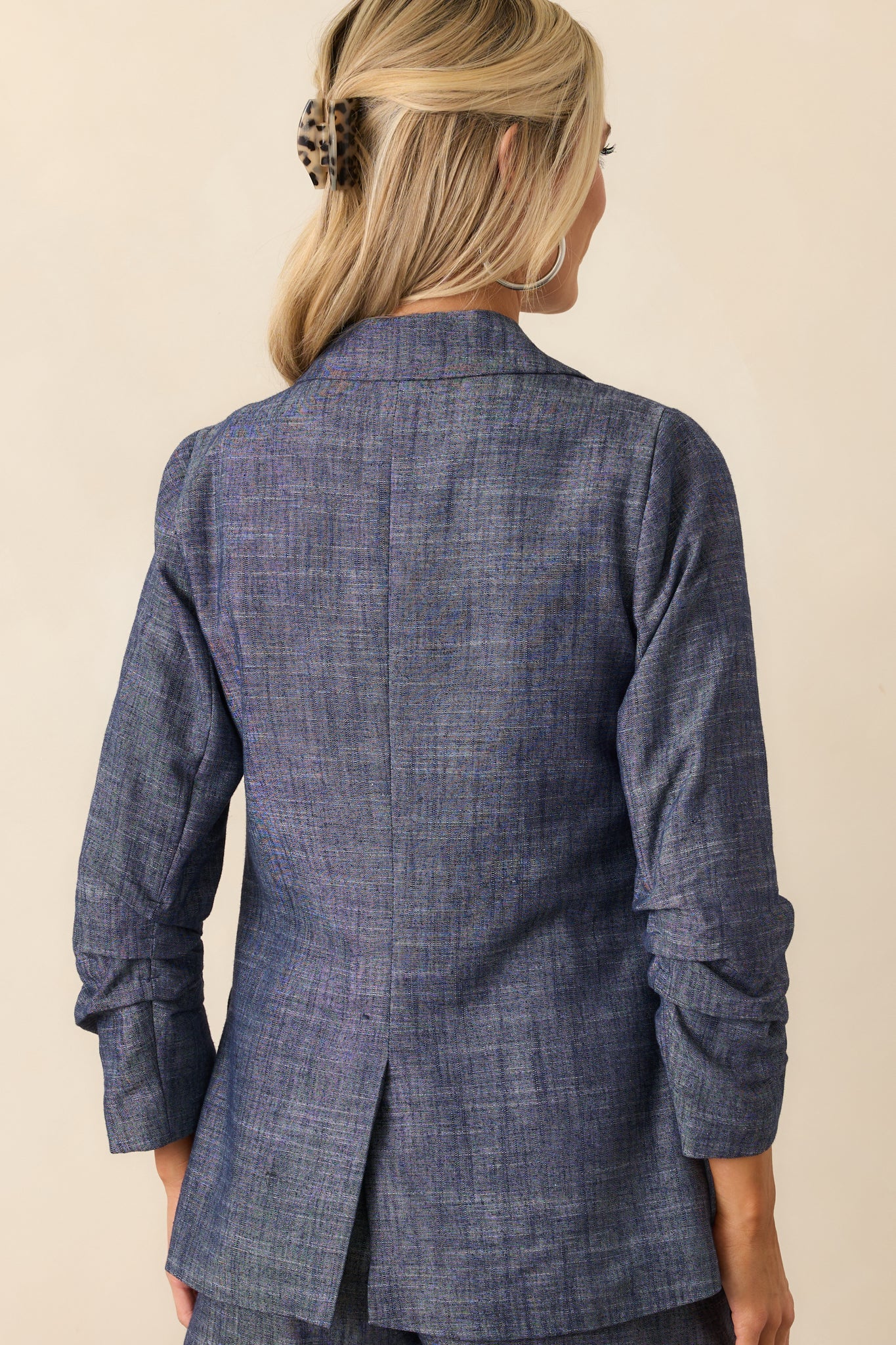 Confident Energy Dark Wash Chambray Ruched Sleeve Blazer