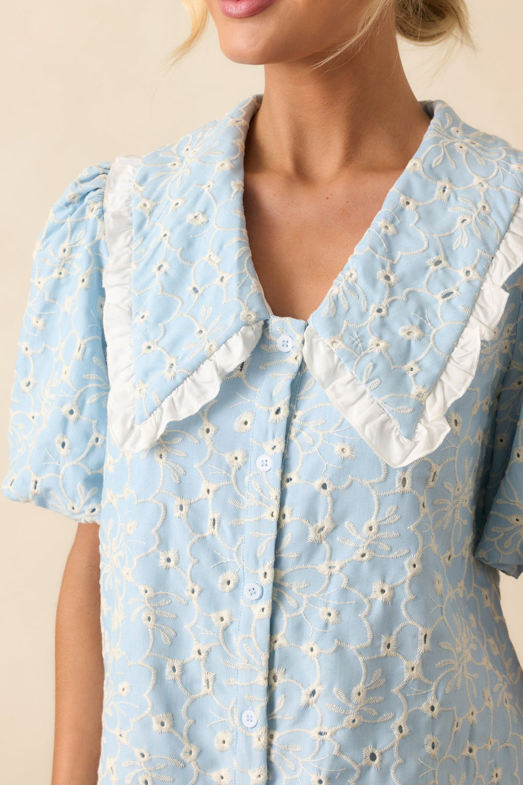 Kind Of Everything Light Blue Cotton Embroidered Eyelet Mini Dress