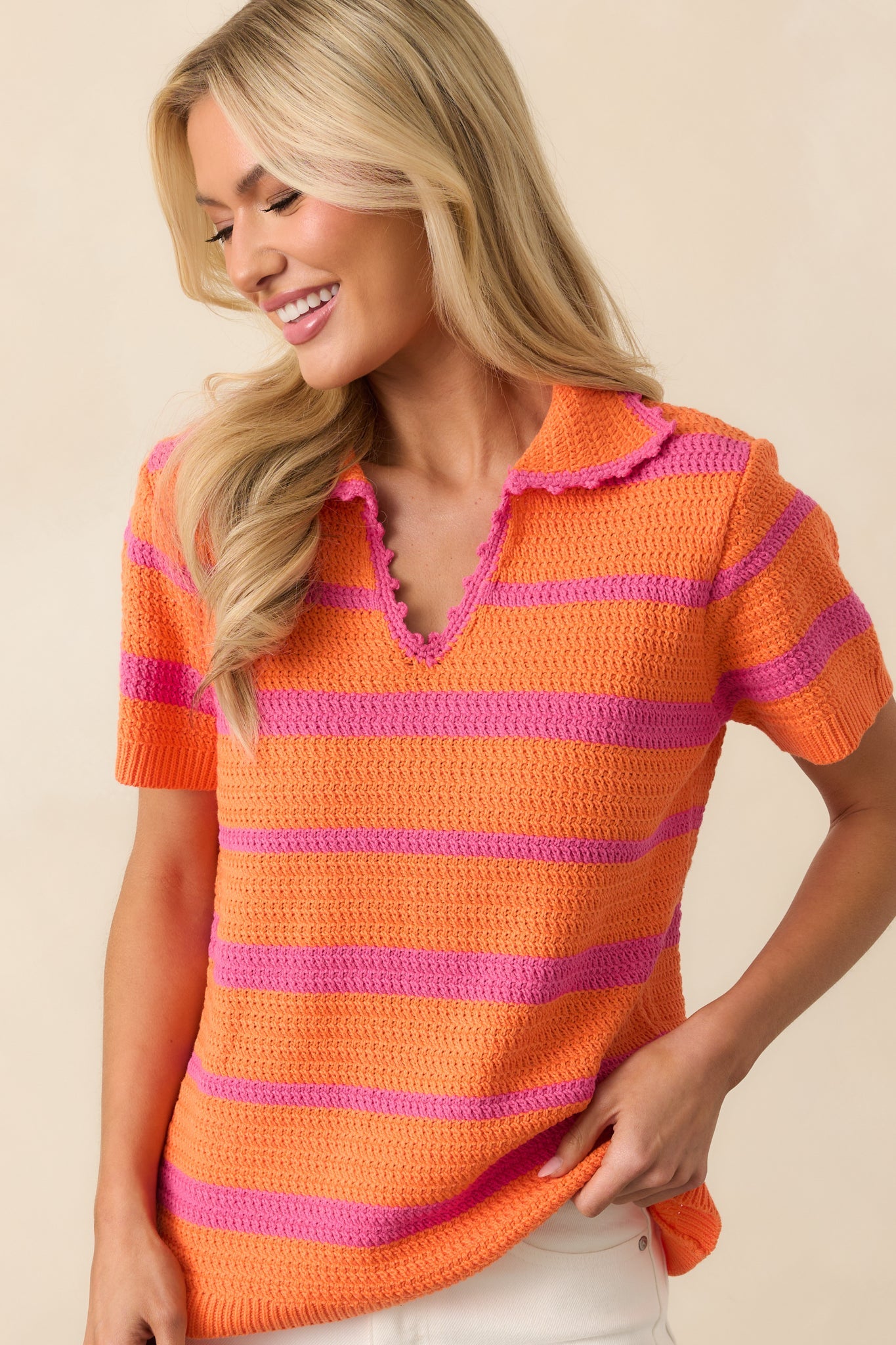 Keeping My Peace Bright Orange Stripe Short Sleeve Knit Top