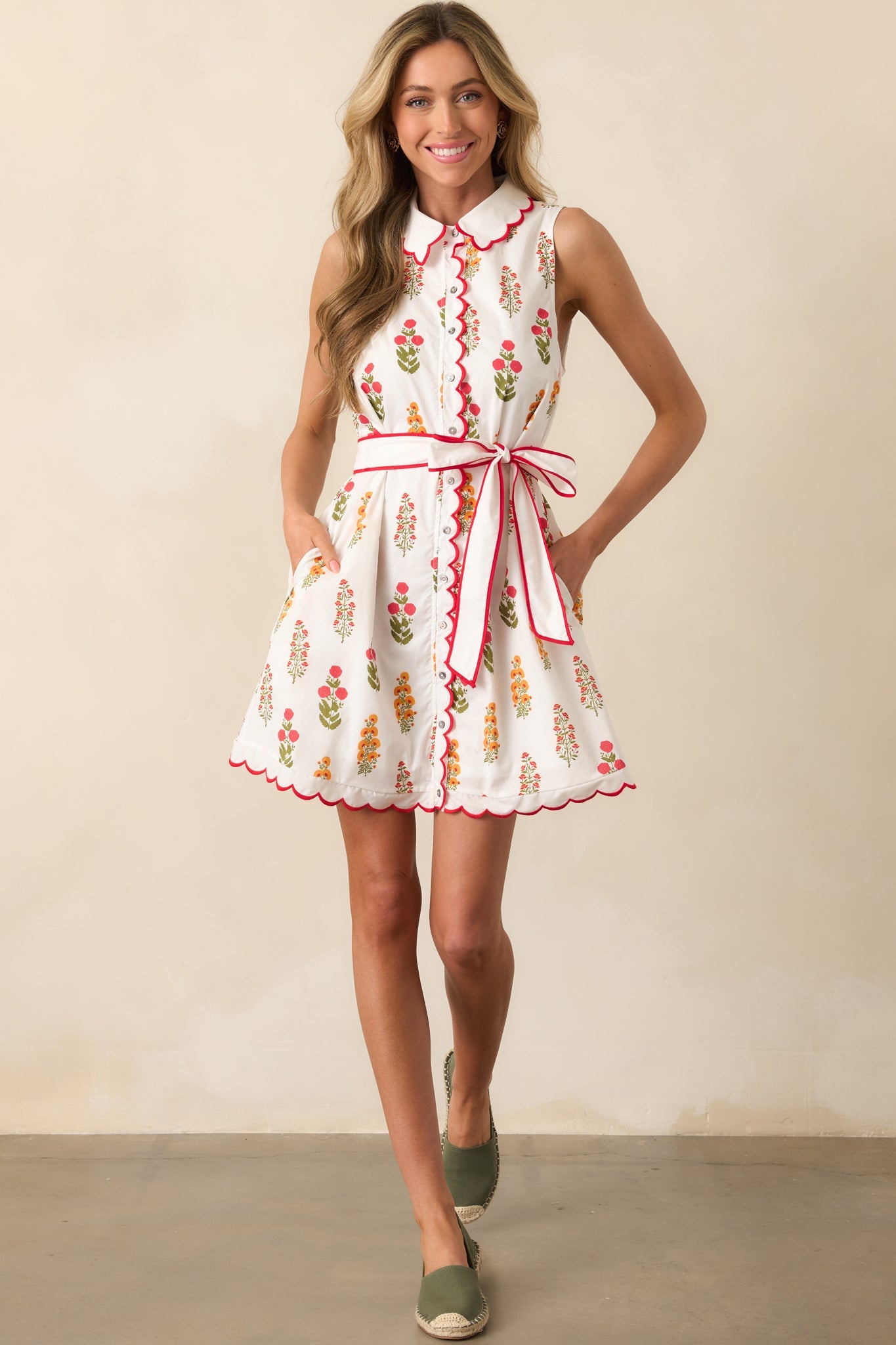 Chic By Nature Red Floral Cotton Scallop Hem Mini Shirt Dress