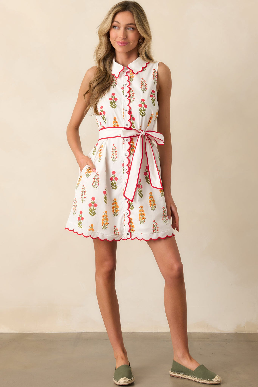 Chic By Nature Red Floral Cotton Scallop Hem Mini Shirt Dress