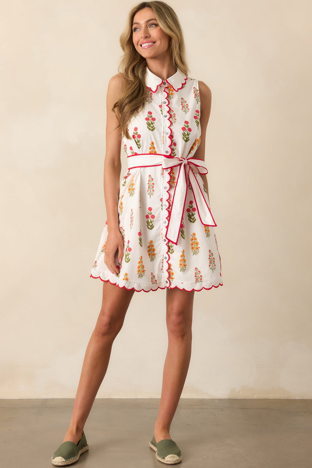 Chic By Nature Red Floral Cotton Scallop Hem Mini Shirt Dress