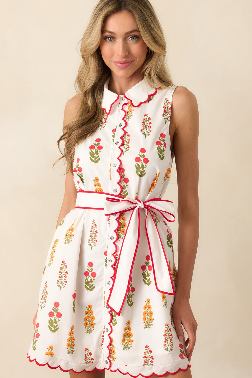 Chic By Nature Red Floral Cotton Scallop Hem Mini Shirt Dress