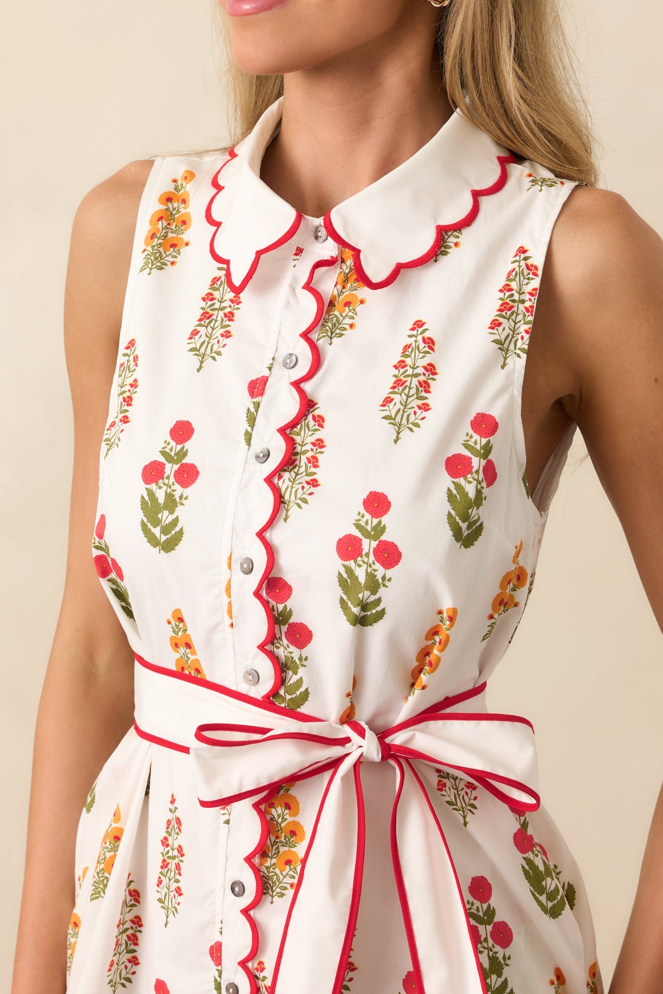 Chic By Nature Red Floral Cotton Scallop Hem Mini Shirt Dress