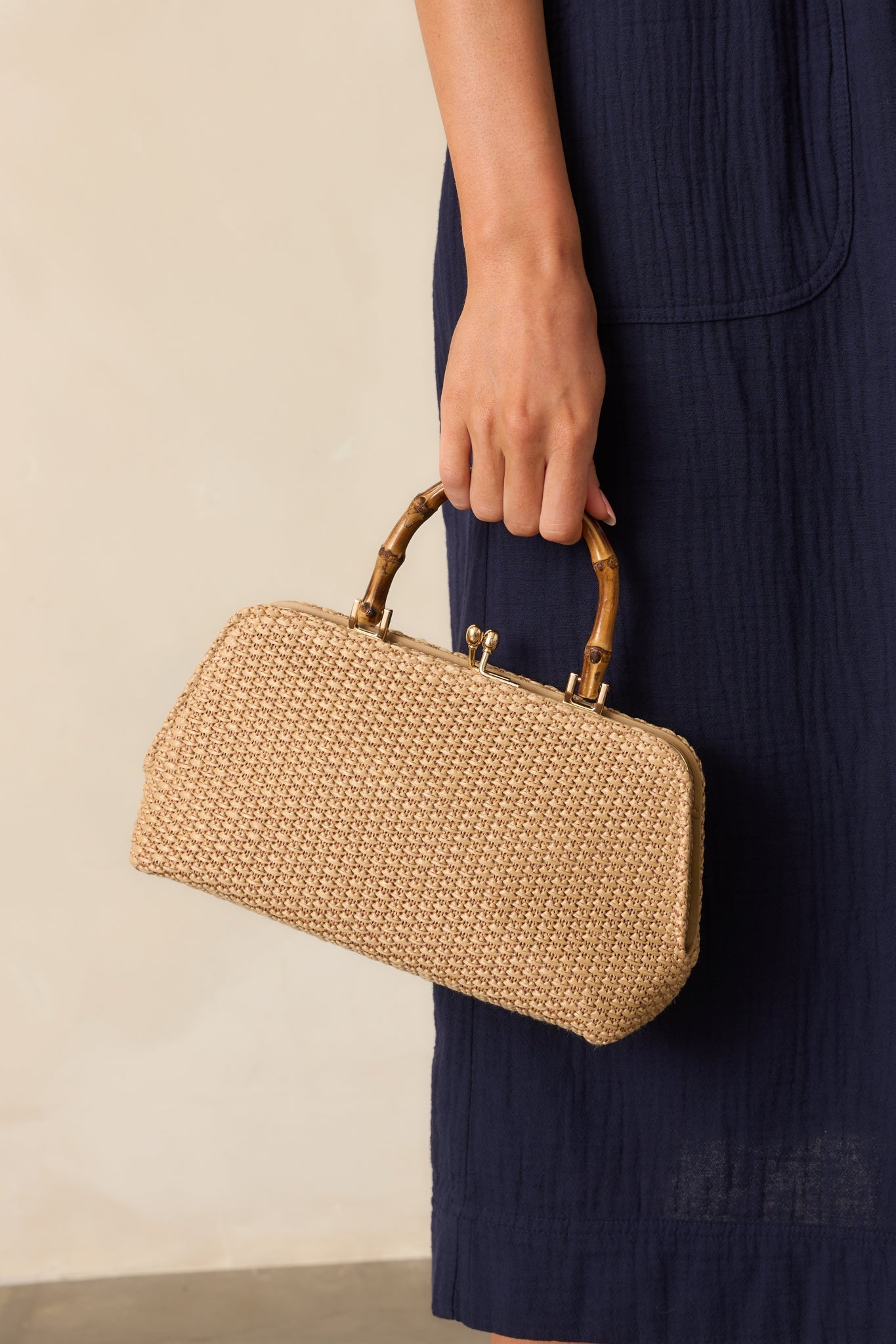 Finding Paradise Tan Bamboo Handle Woven Handbag