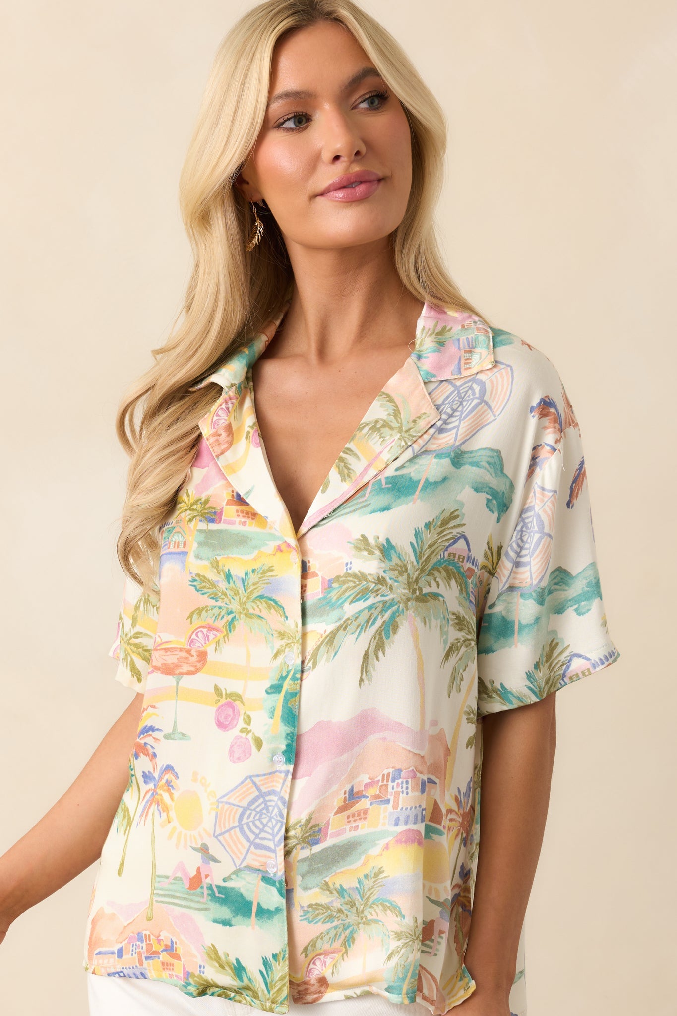 As The Sun Sets Ivory Multi Tropical Print Button Front Top