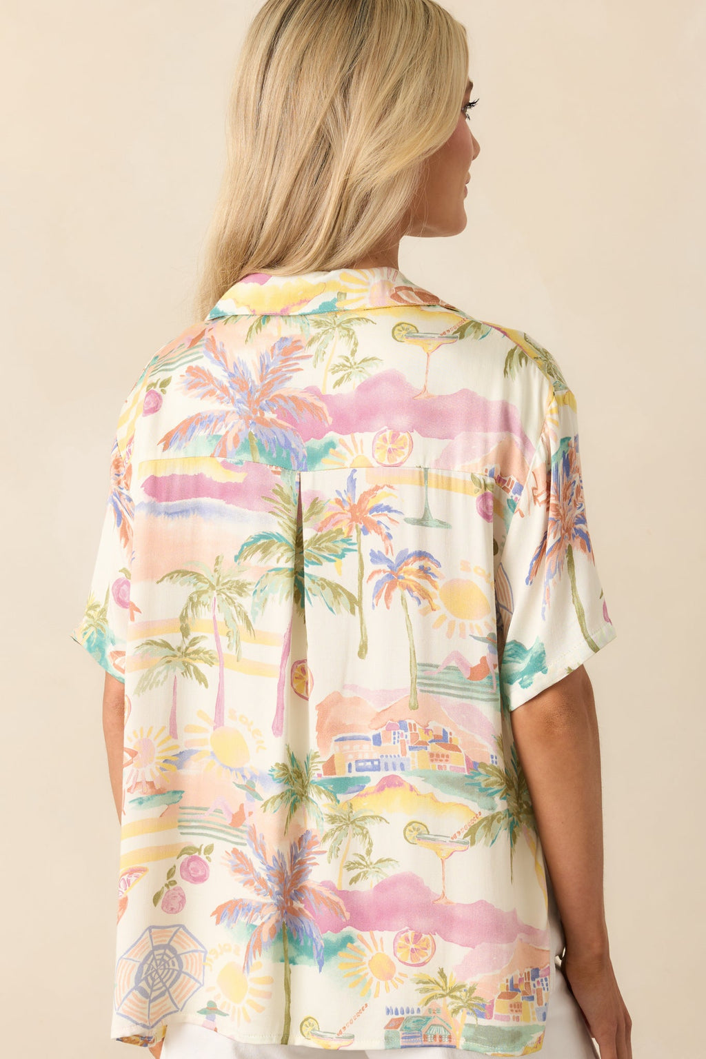 As The Sun Sets Ivory Multi Tropical Print Button Front Top