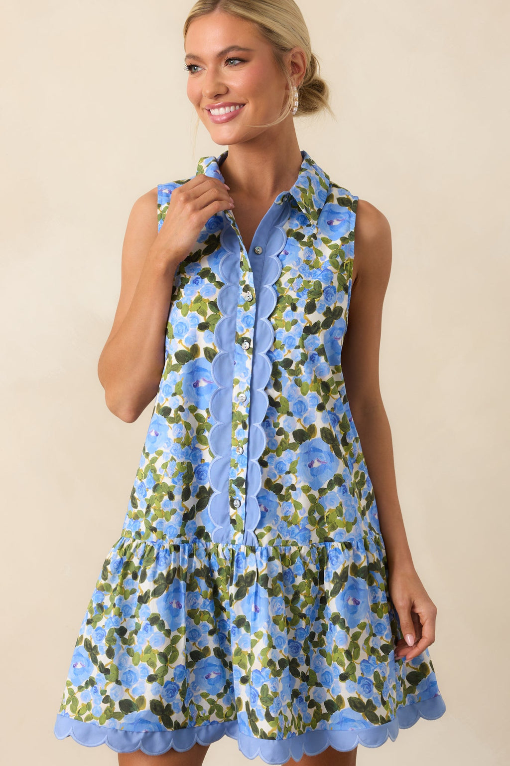 A Day To Remember Blue Floral Cotton Mini Shirt Dress