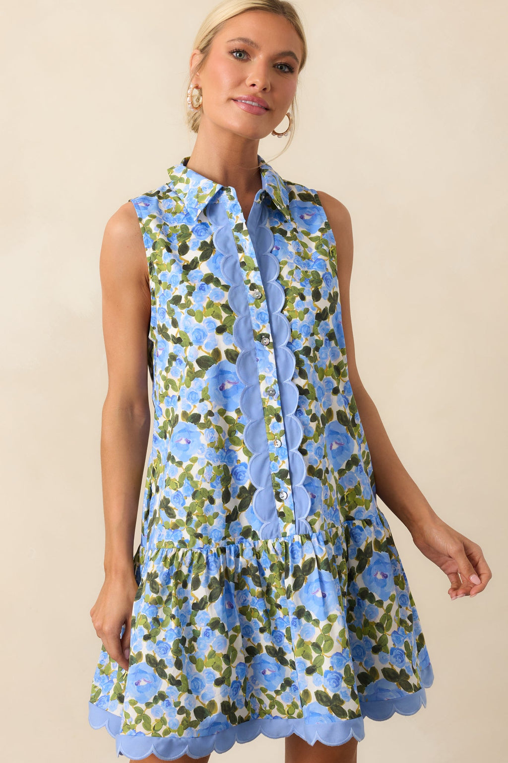 A Day To Remember Blue Floral Cotton Mini Shirt Dress