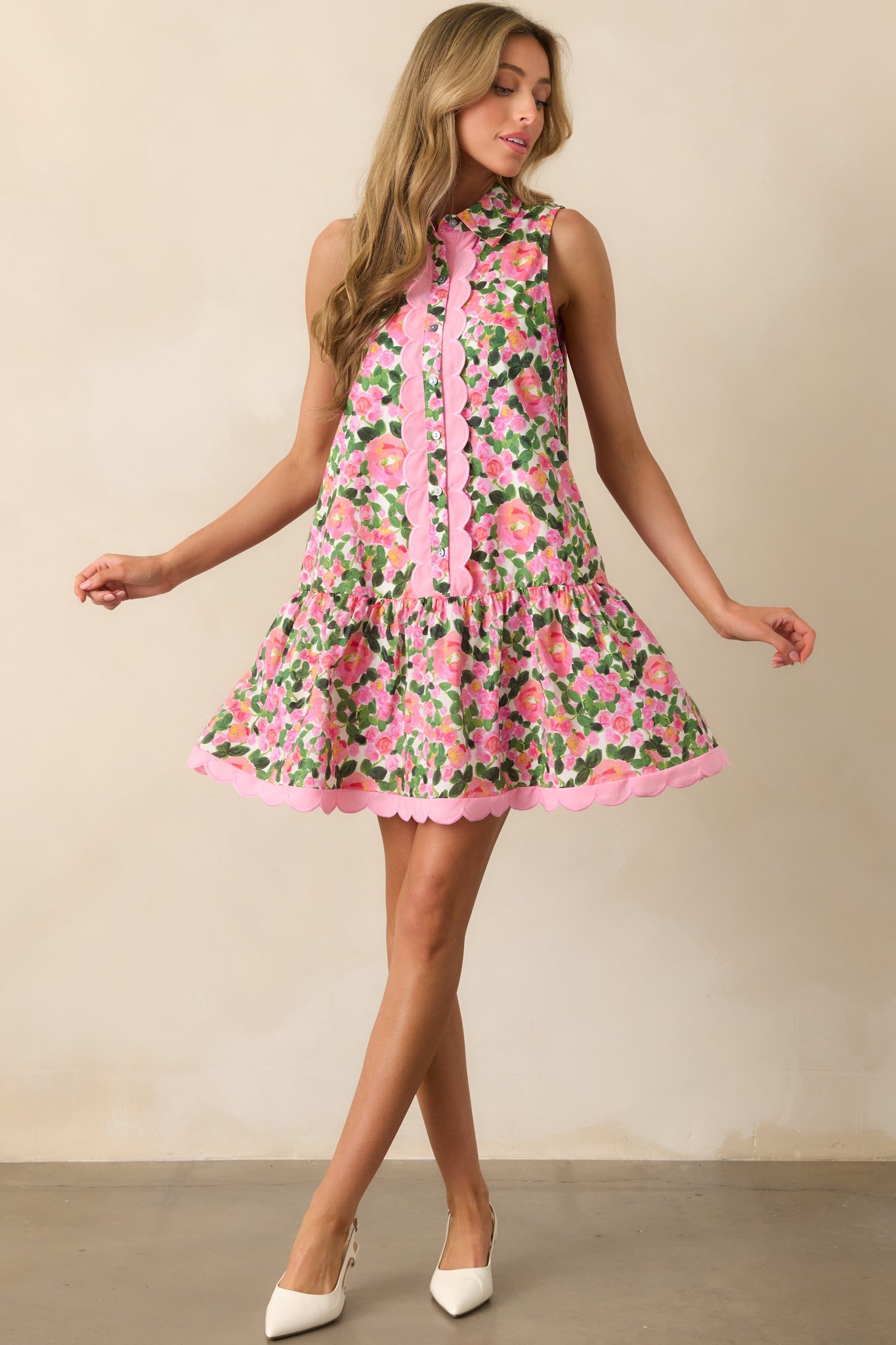 A Day To Remember Pink Floral Cotton Mini Shirt Dress