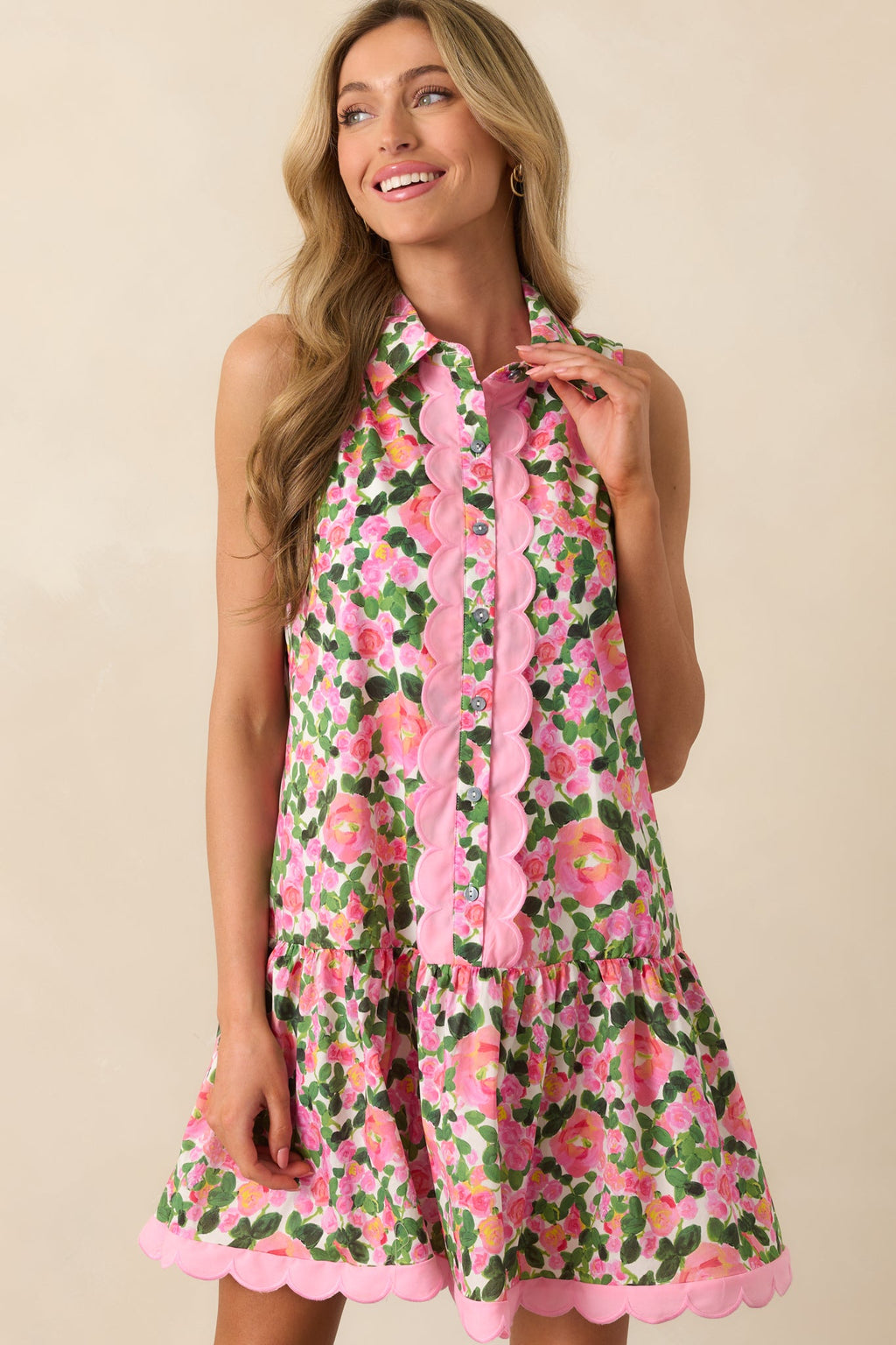 A Day To Remember Pink Floral Cotton Mini Shirt Dress