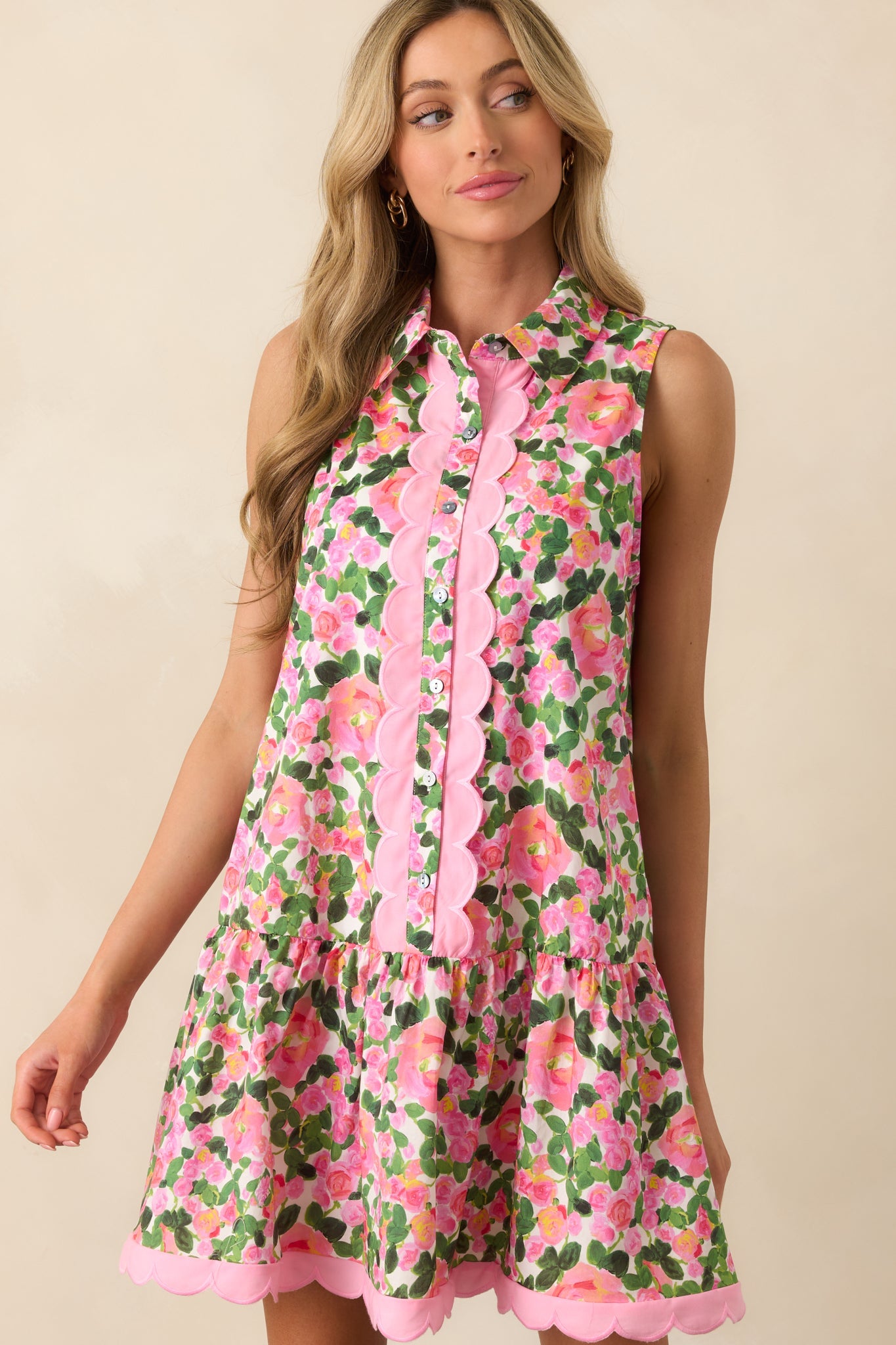A Day To Remember Pink Floral Cotton Mini Shirt Dress