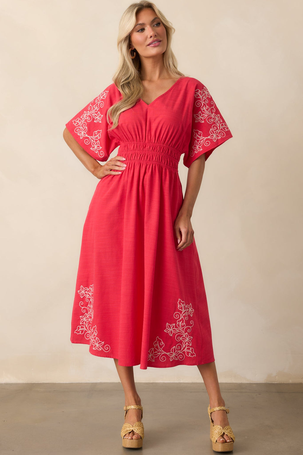 Finding Your Way Red Floral Embroidered Cotton Midi Dress