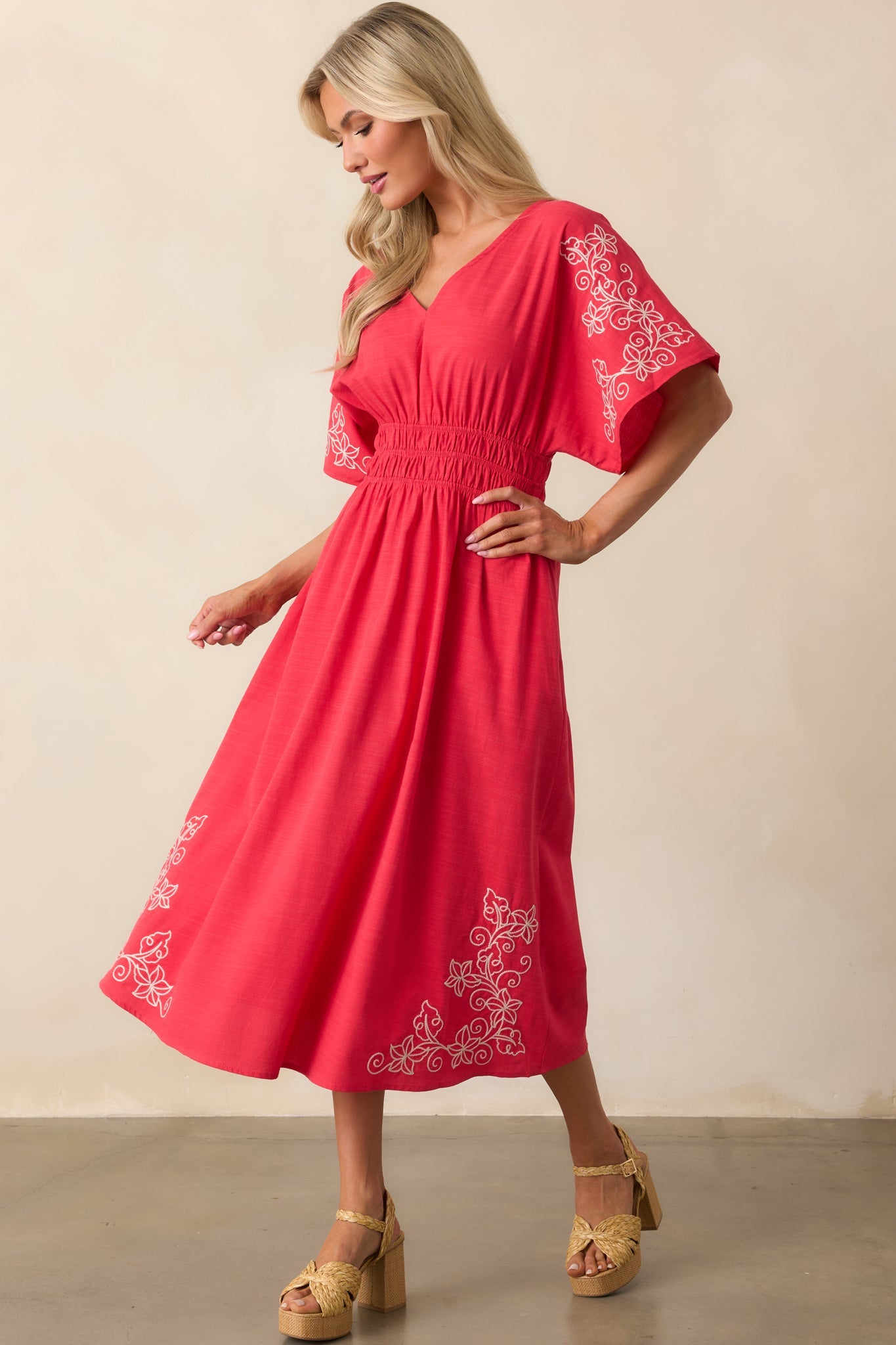 Finding Your Way Red Floral Embroidered Cotton Midi Dress