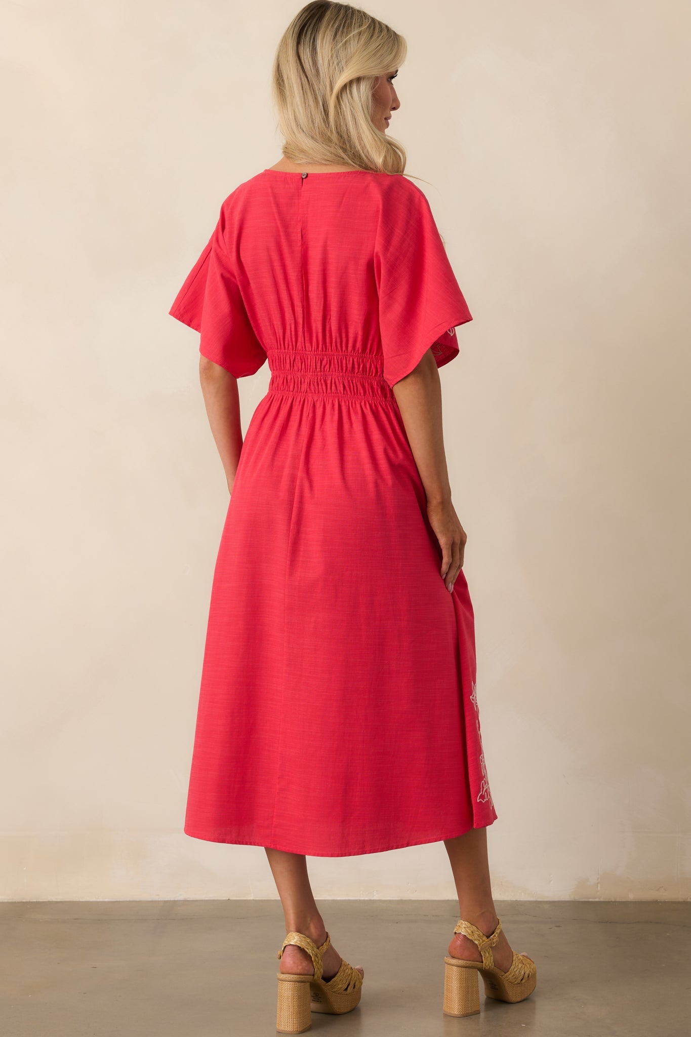 Finding Your Way Red Floral Embroidered Cotton Midi Dress
