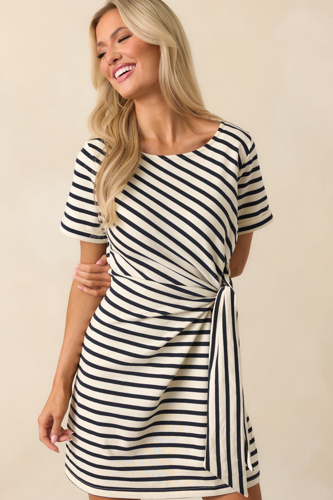 A Little Reminder Black Stripe Cotton Tie-Waist Mini Dress