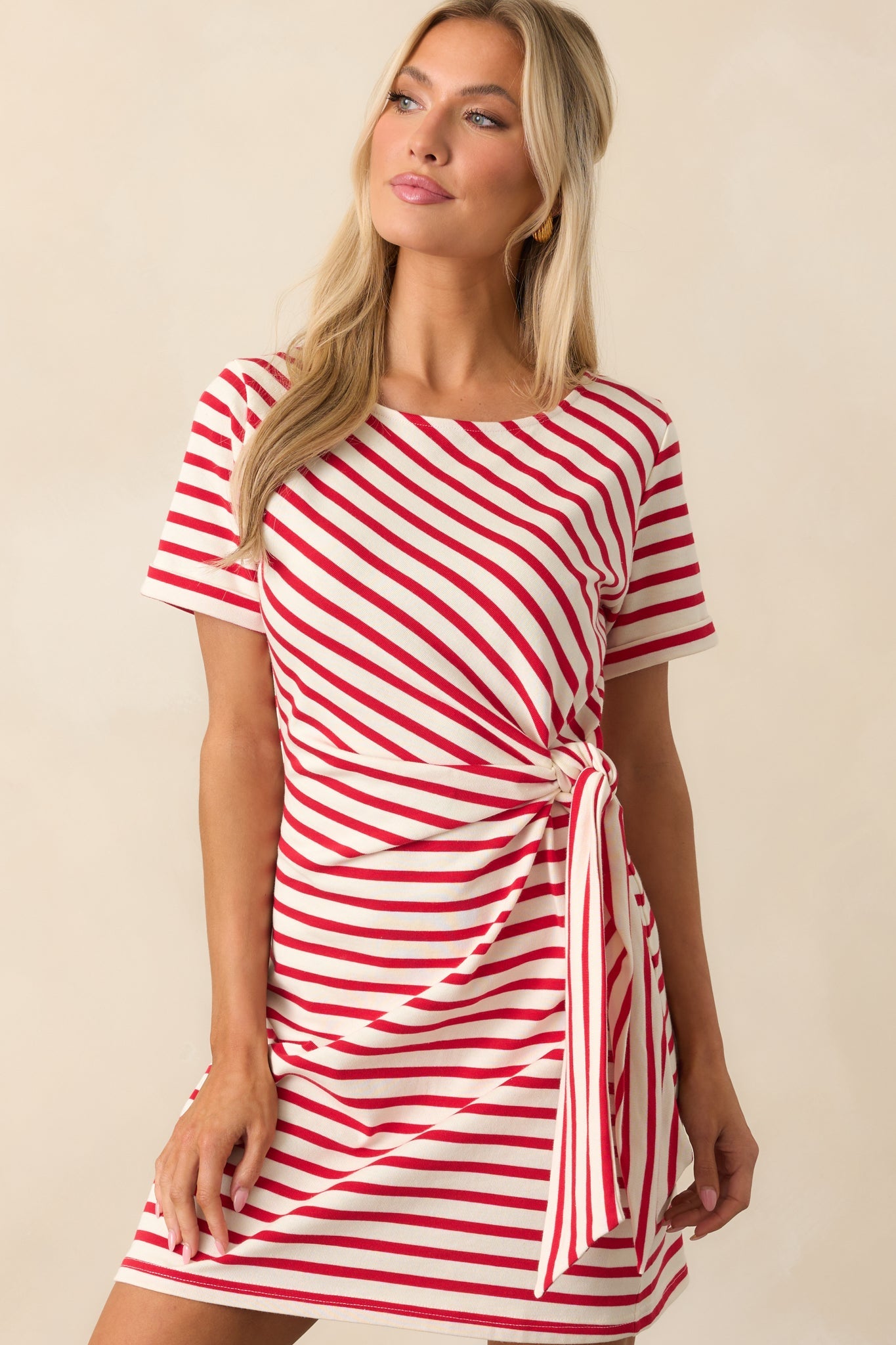 A Little Reminder Red Stripe Cotton Tie-Waist Mini Dress
