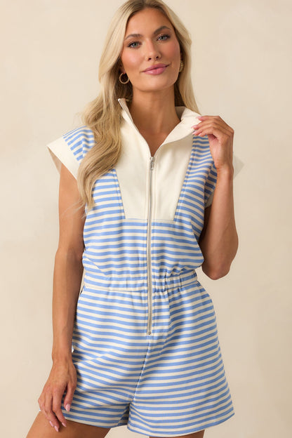 Just Getting Started Blue Stripe Cap Sleeve Romper