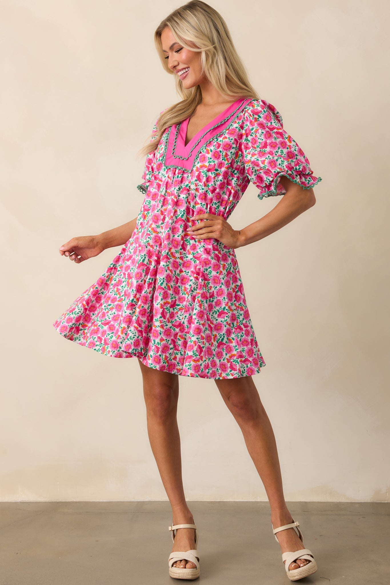 Good Luck Charm Hot Pink Floral Cotton Mini Dress