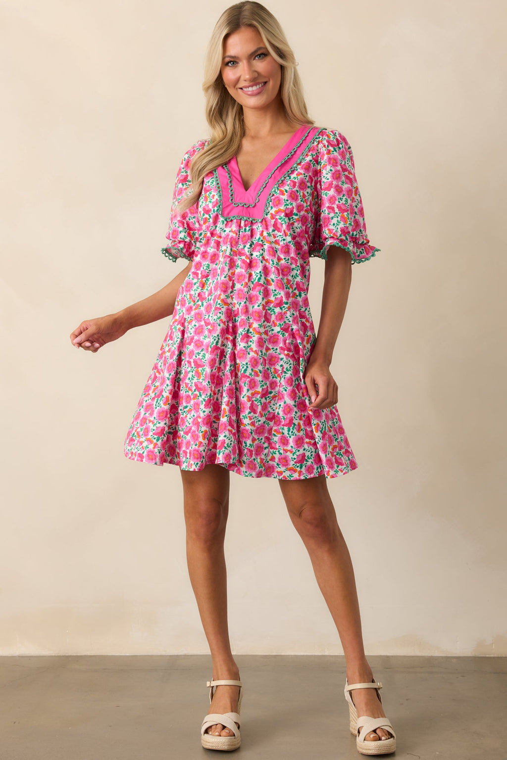 Good Luck Charm Hot Pink Floral Cotton Mini Dress