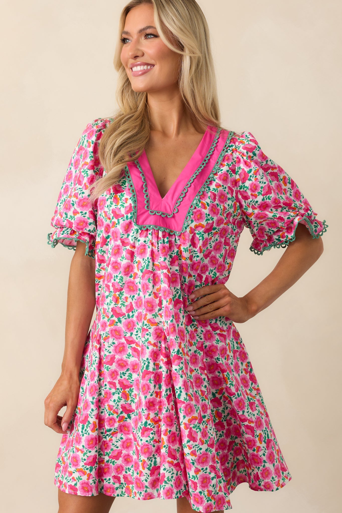 Good Luck Charm Hot Pink Floral Cotton Mini Dress