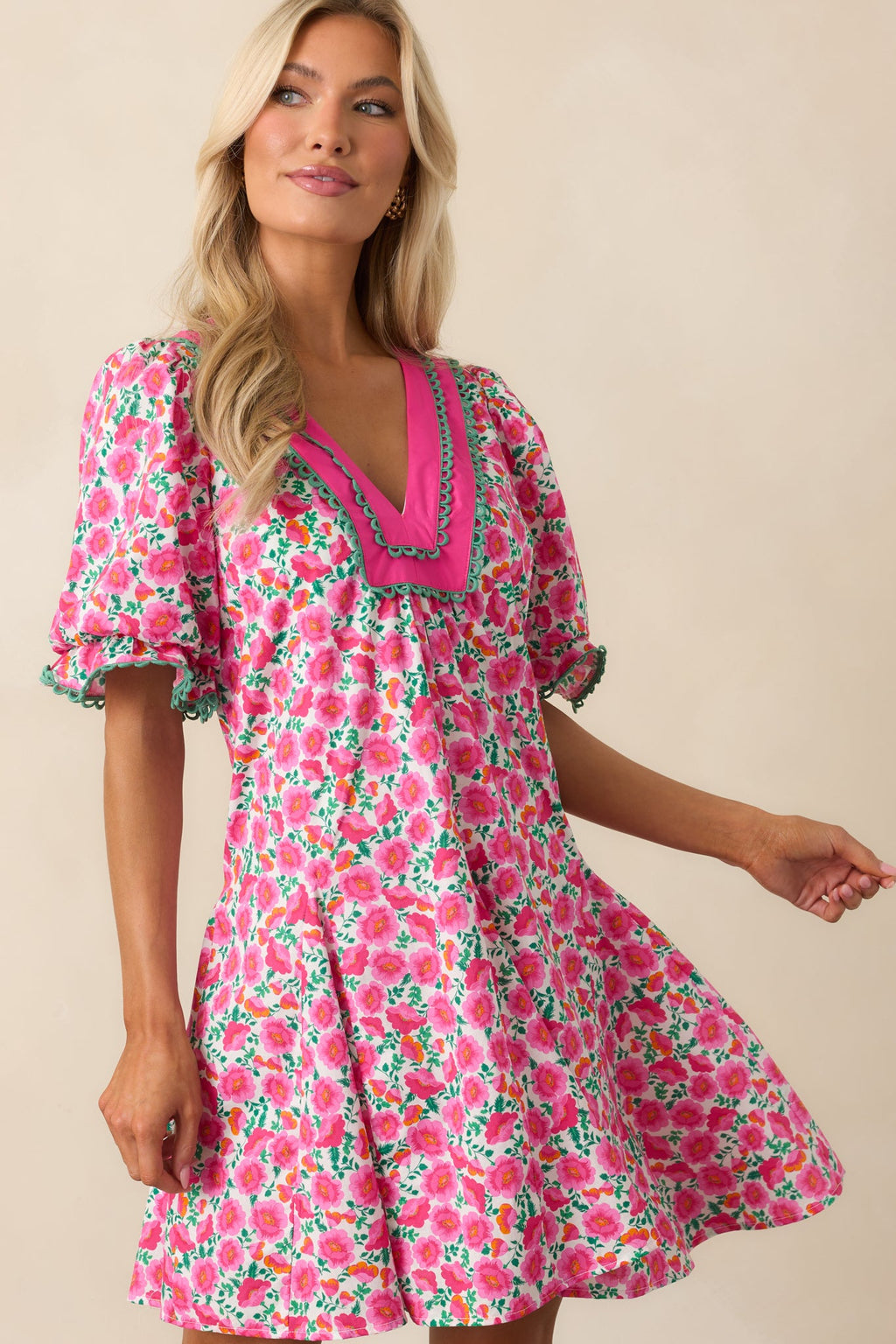 Good Luck Charm Hot Pink Floral Cotton Mini Dress