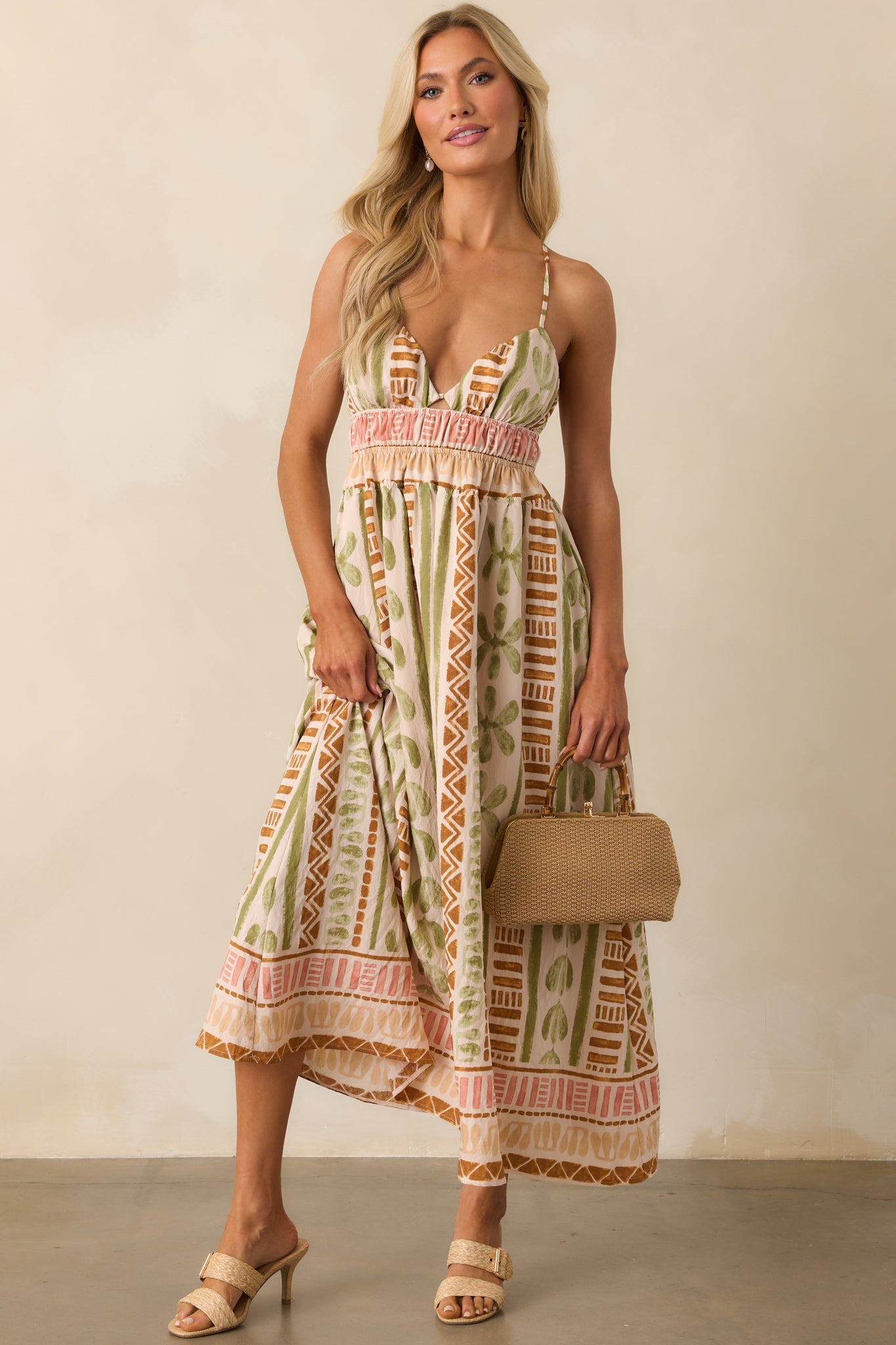 Always Intentional Light Beige Tropical Print Maxi Dress
