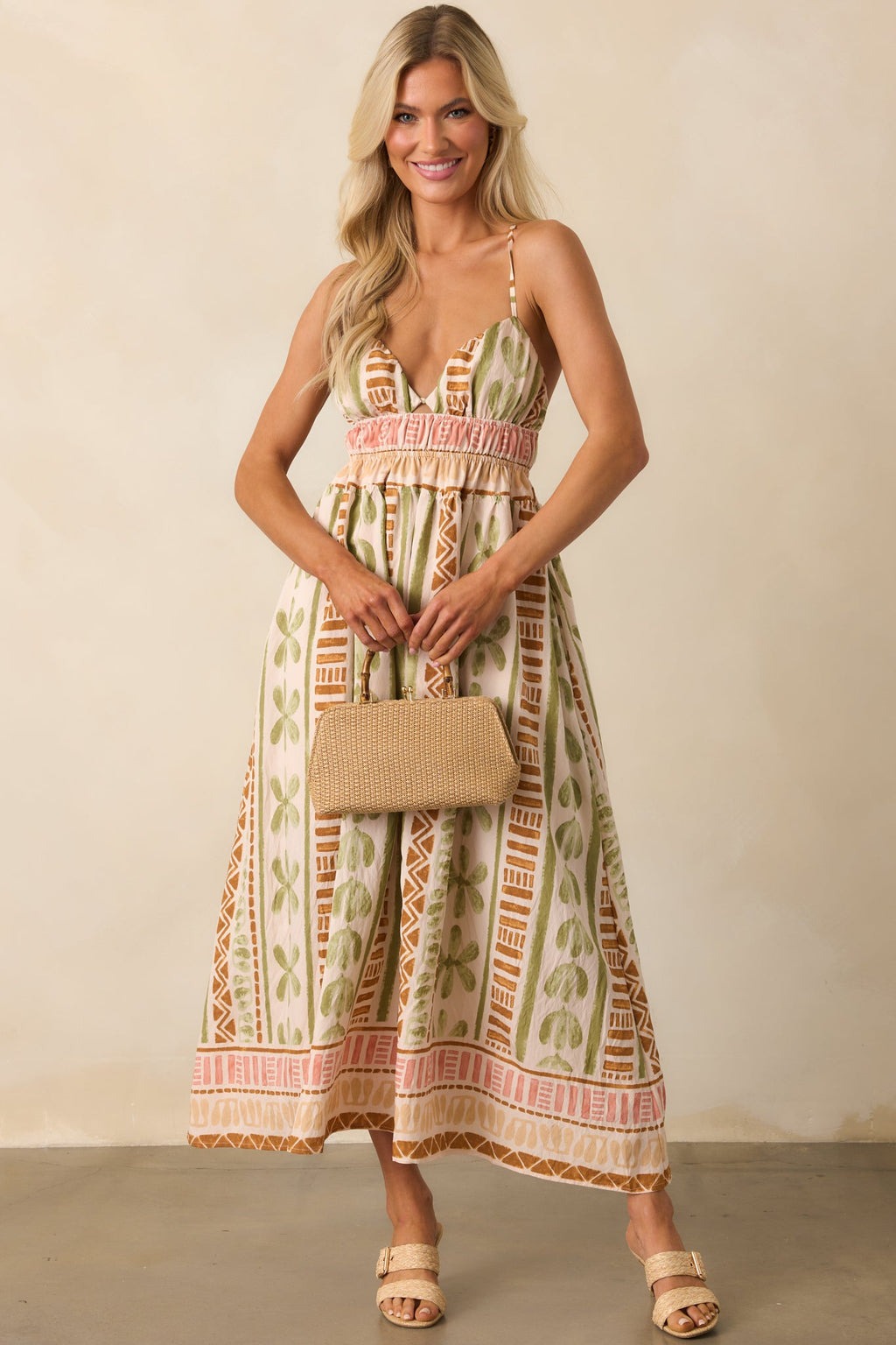 Always Intentional Light Beige Tropical Print Maxi Dress
