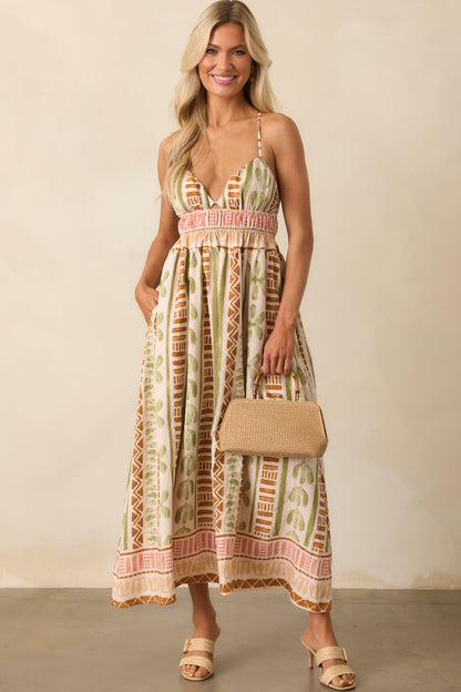 Always Intentional Light Beige Tropical Print Maxi Dress