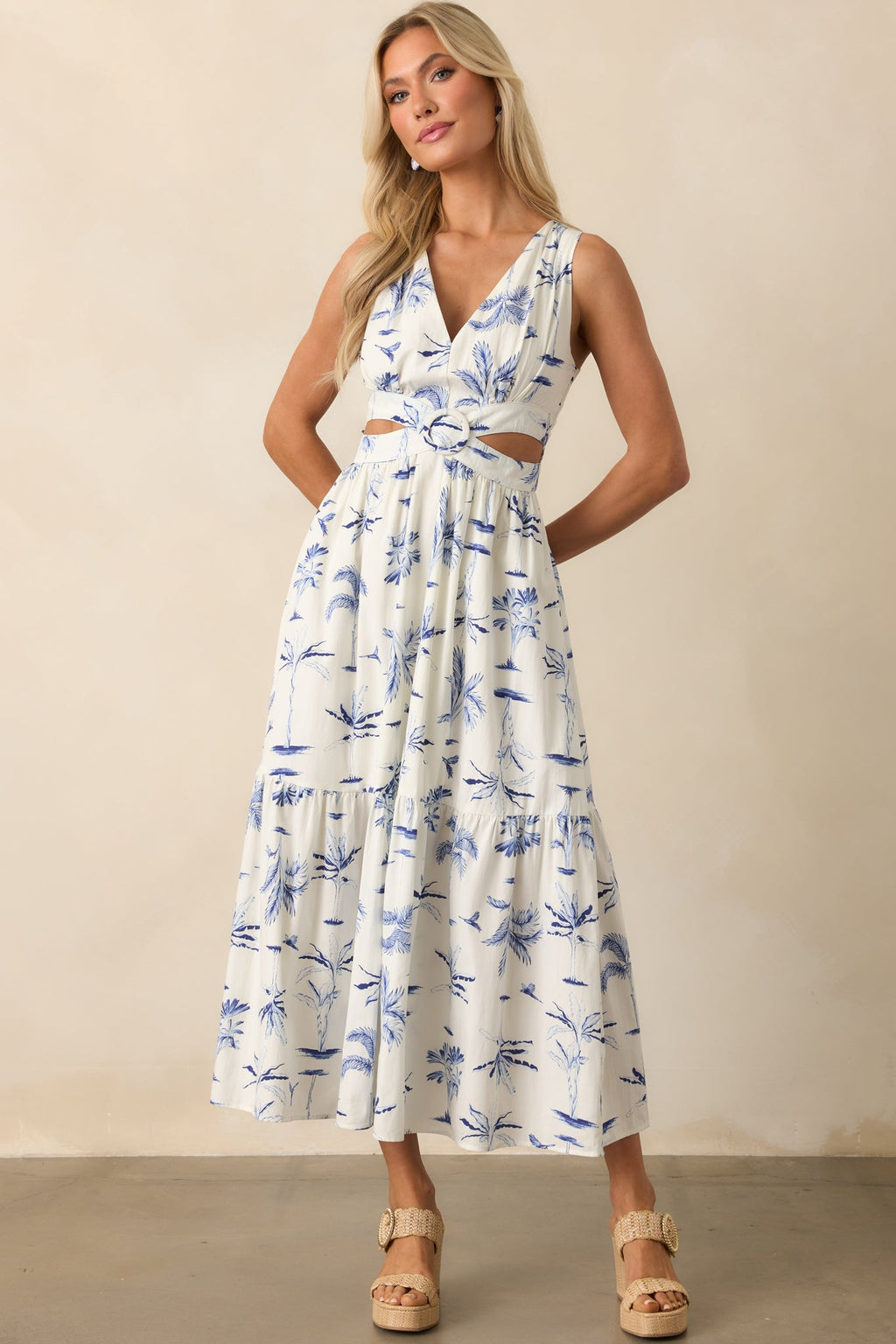 Callie Blue Palm Tree Print Cotton Cut-Out Maxi Dress