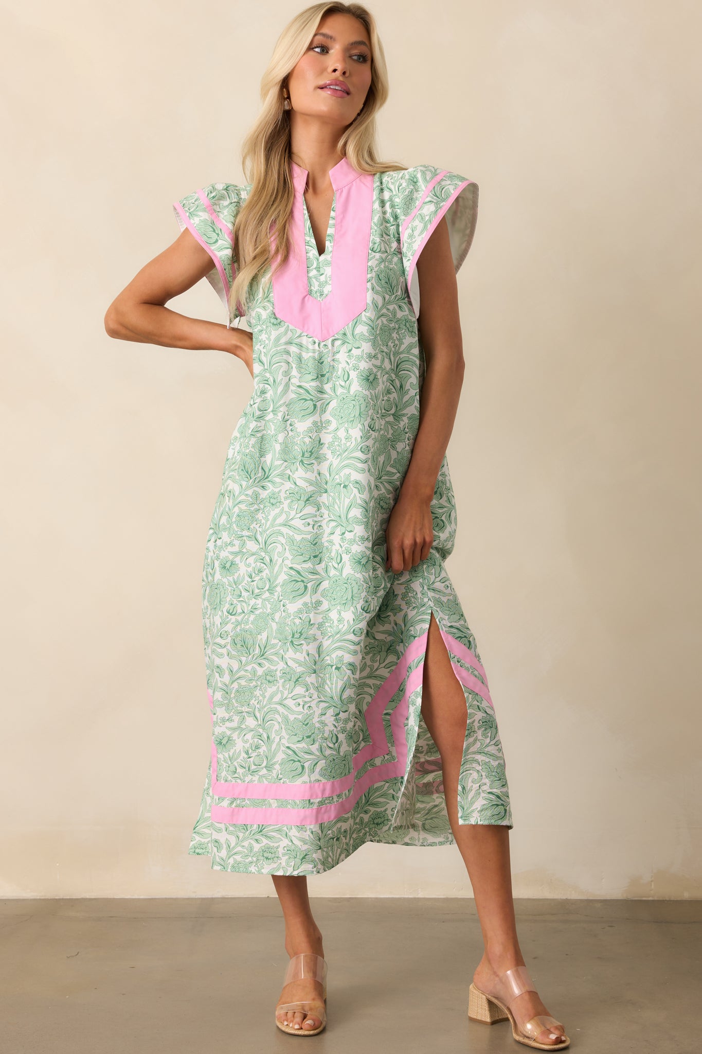 Believe In Yourself Green Floral Rayon Kaftan Maxi Dress