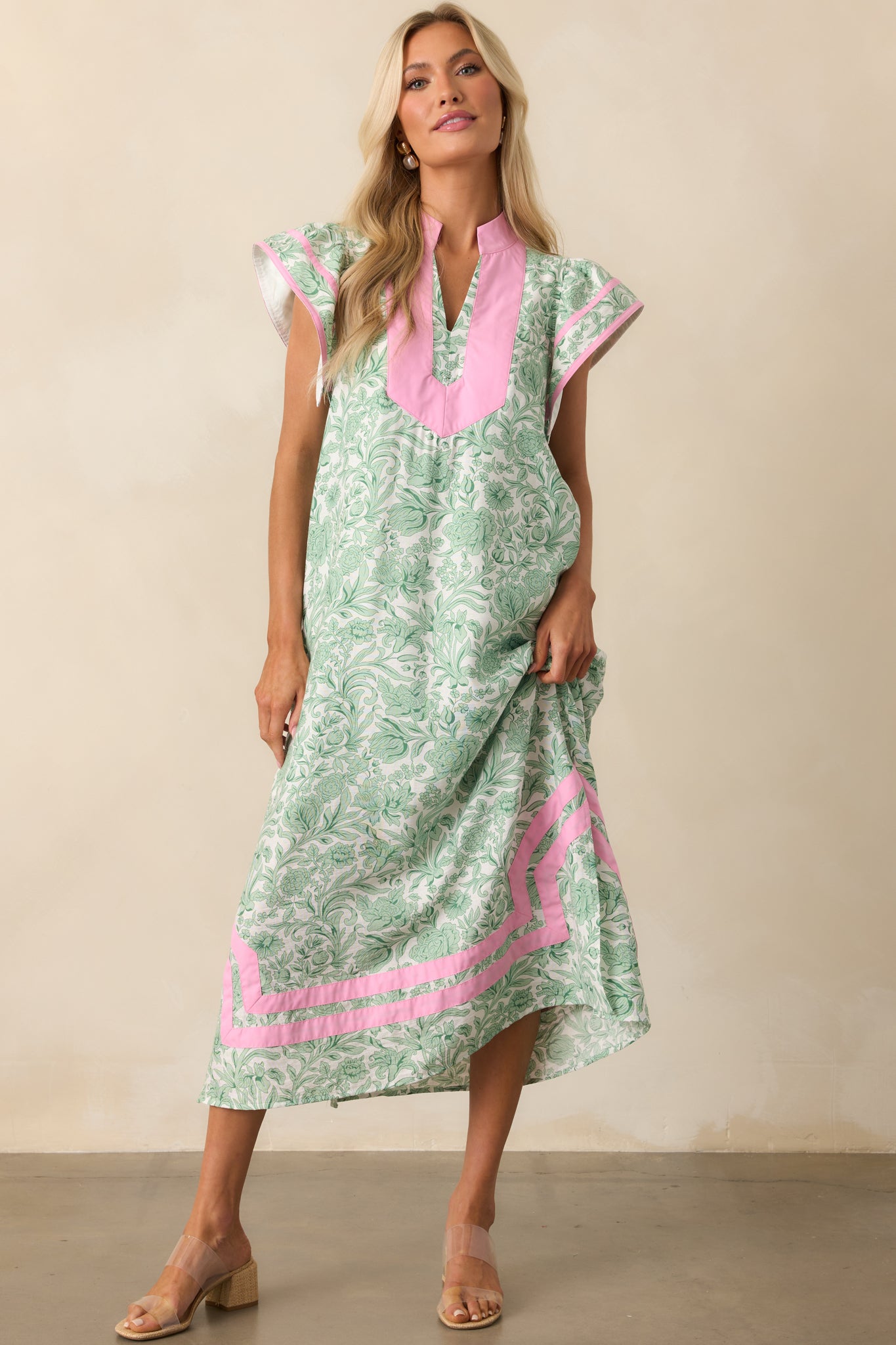 Believe In Yourself Green Floral Rayon Kaftan Maxi Dress